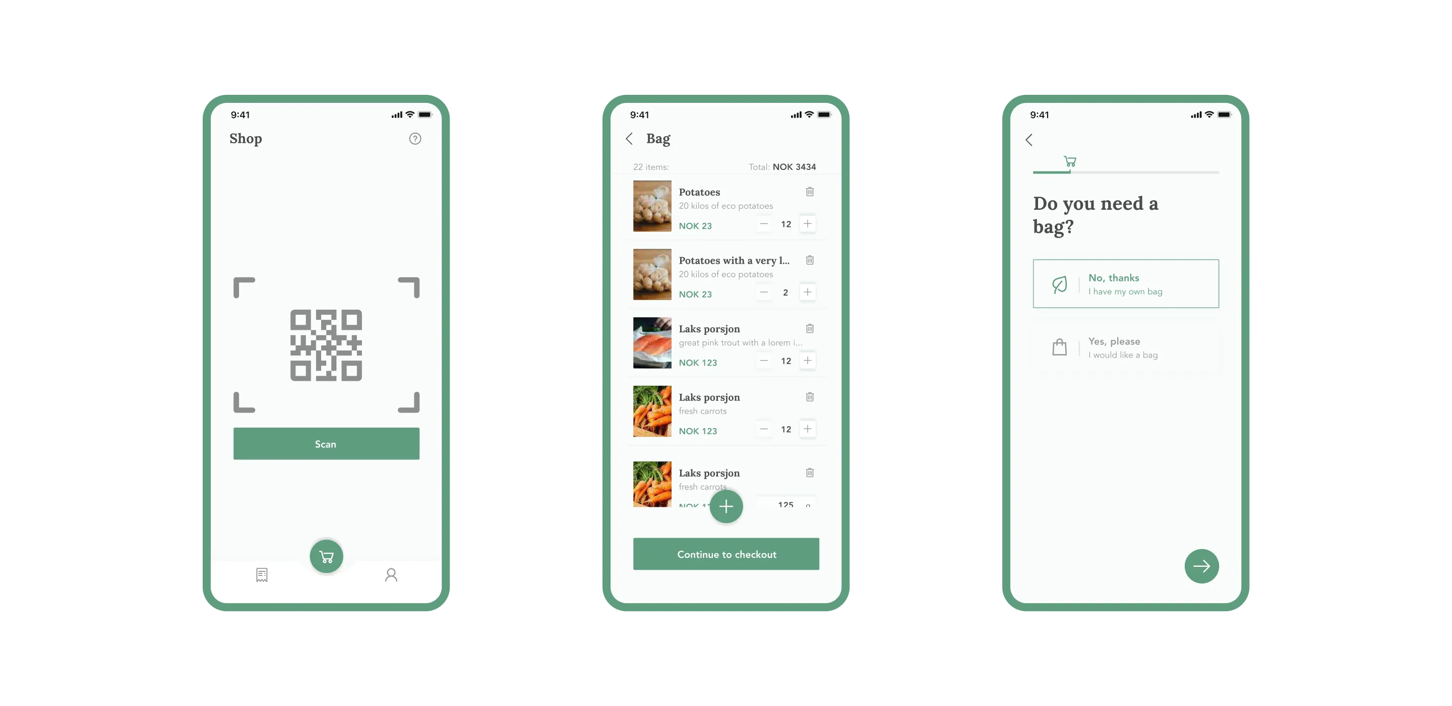 Mobile app interface for self-checkout shopping, featuring screens for scanning QR codes, a digital shopping bag listing items