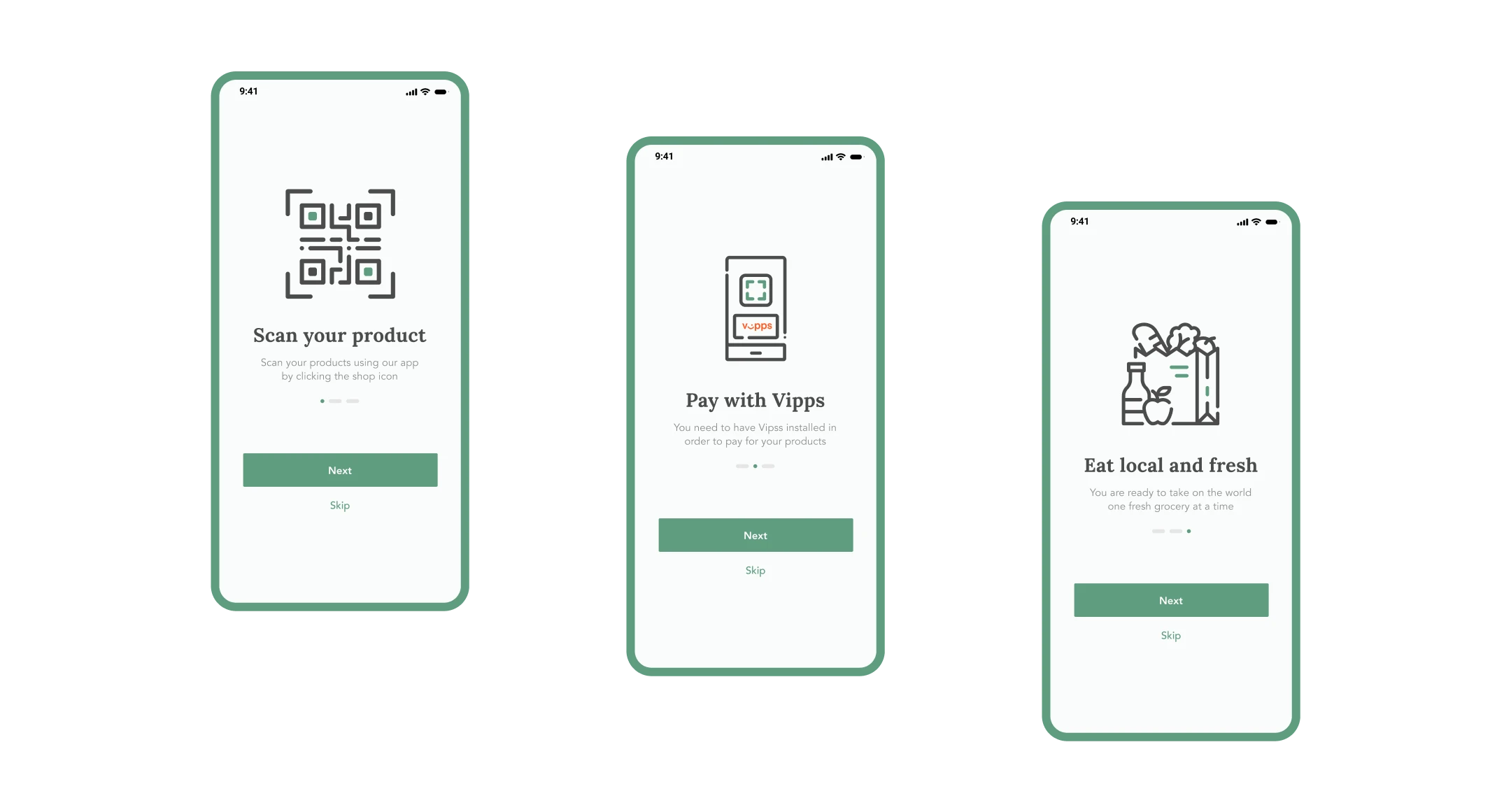 Three mobile app onboarding screens illustrating a self-checkout process with green line icons. The screens feature steps for 'Scan your product', 'Pay with Vipps', and 'Eat local and fresh', each with a 'Next' button.