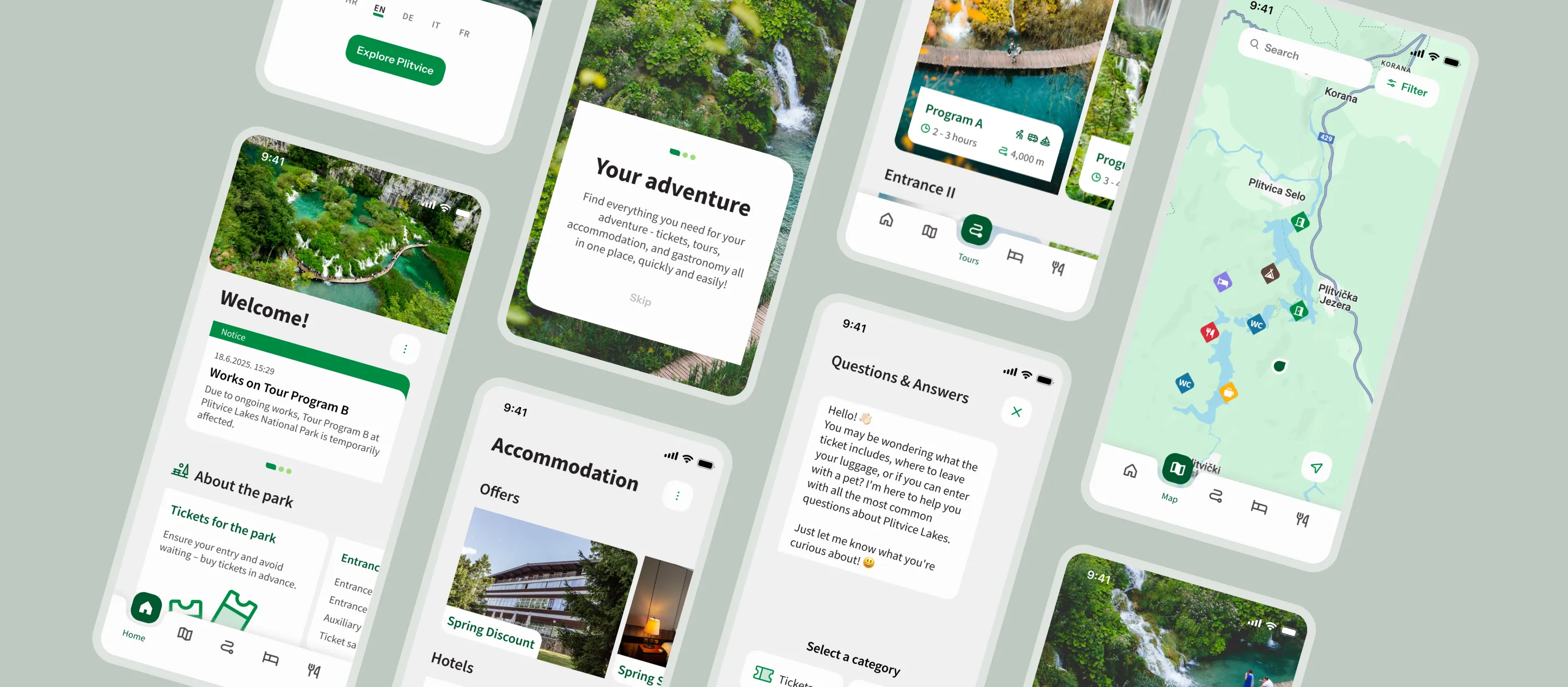 Overview of various Plitvice Lakes mobile app screens including the map, home, tours, and accommodation interfaces.