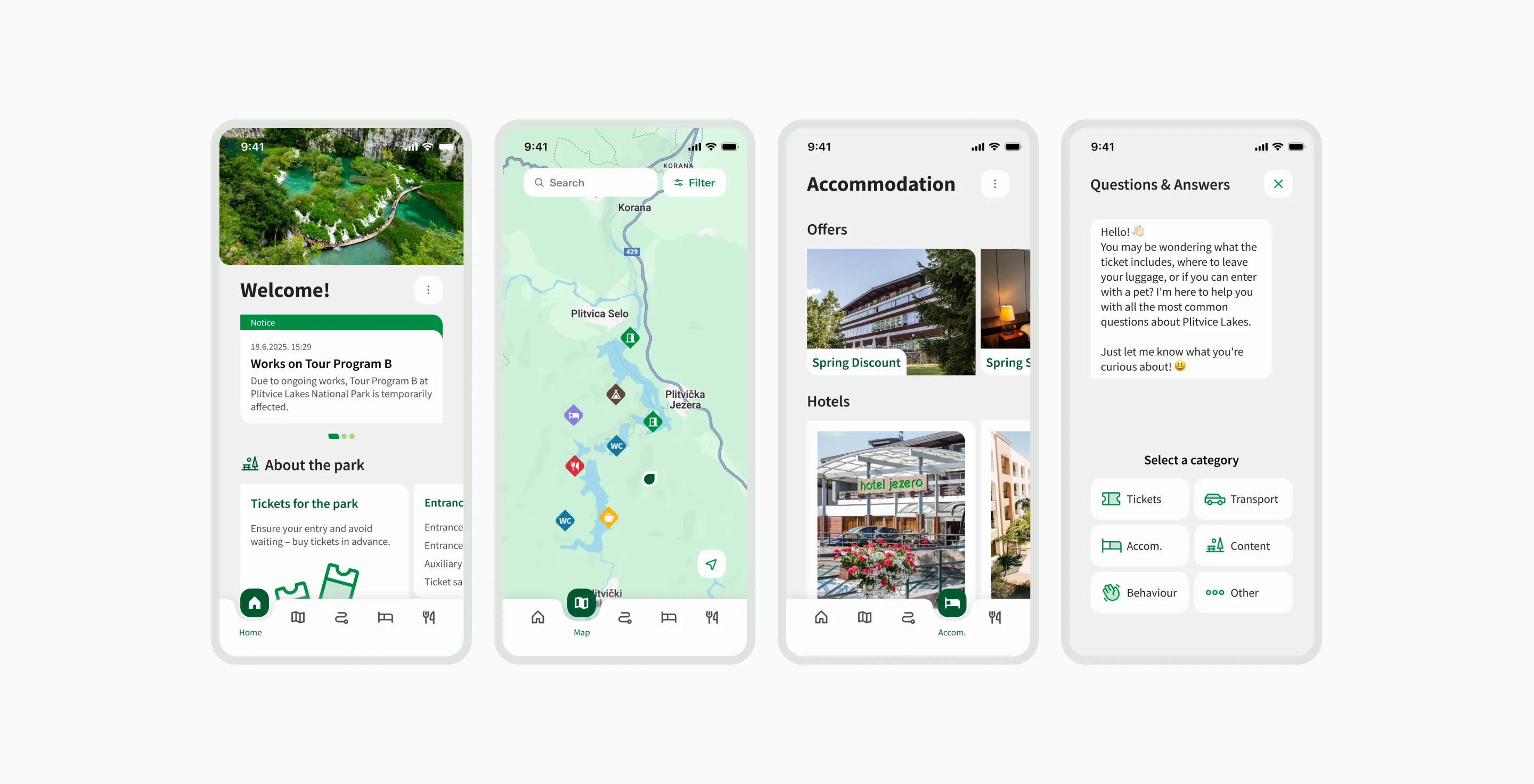 Overview of various Plitvice Lakes mobile app screens including the map, home, tours, and accommodation interfaces.