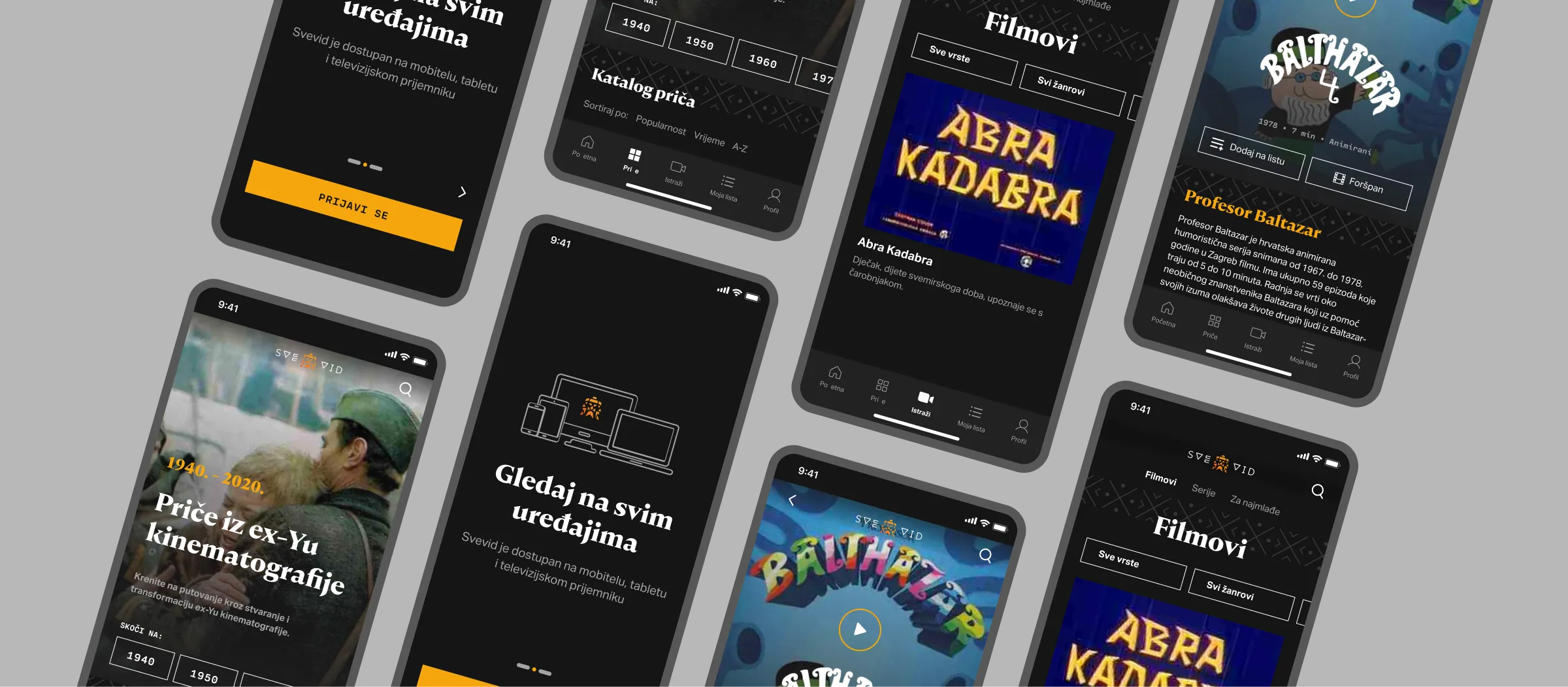 SVEVID mobile app screens showing various interfaces including the movie catalog, search results, and video playback details on a dark background.