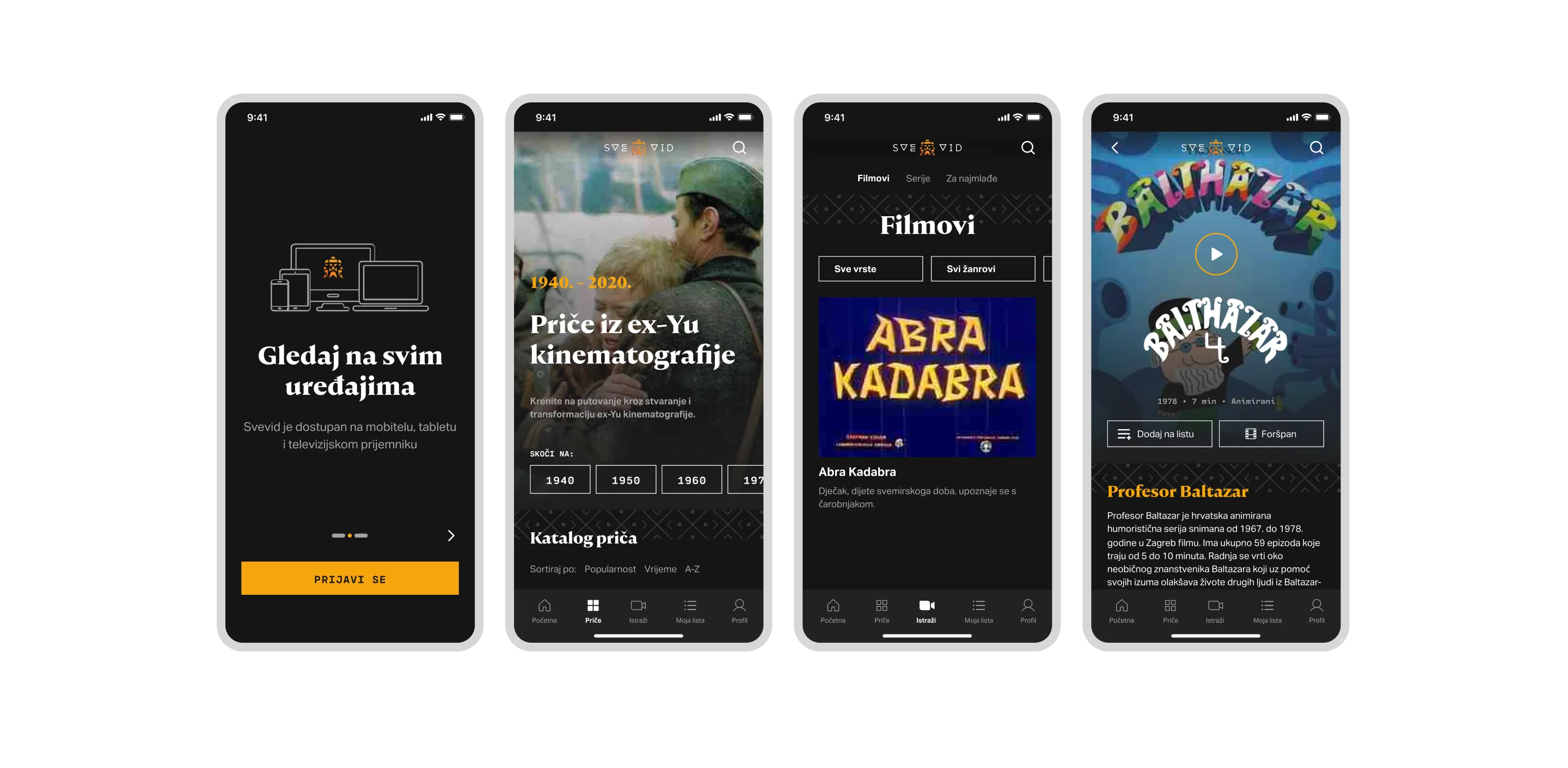 Four mobile app screens for the SVEVID streaming platform displayed in a row, featuring the login screen, homepage with ex-Yu cinematography collections, a movie category for 'Abra Kadabra', and the 'Professor Balthazar' details page.