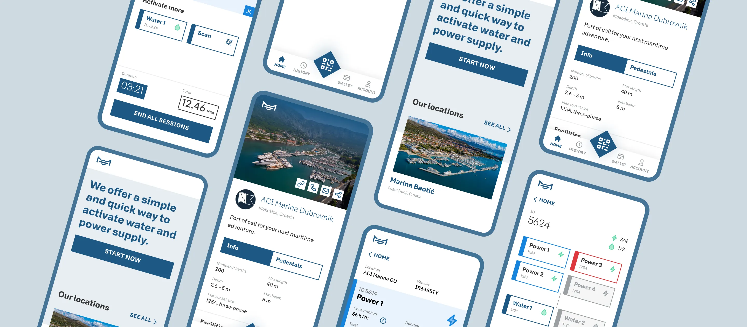 Display of several mobile app screens for marina management, featuring interfaces for activating water and power supplies.