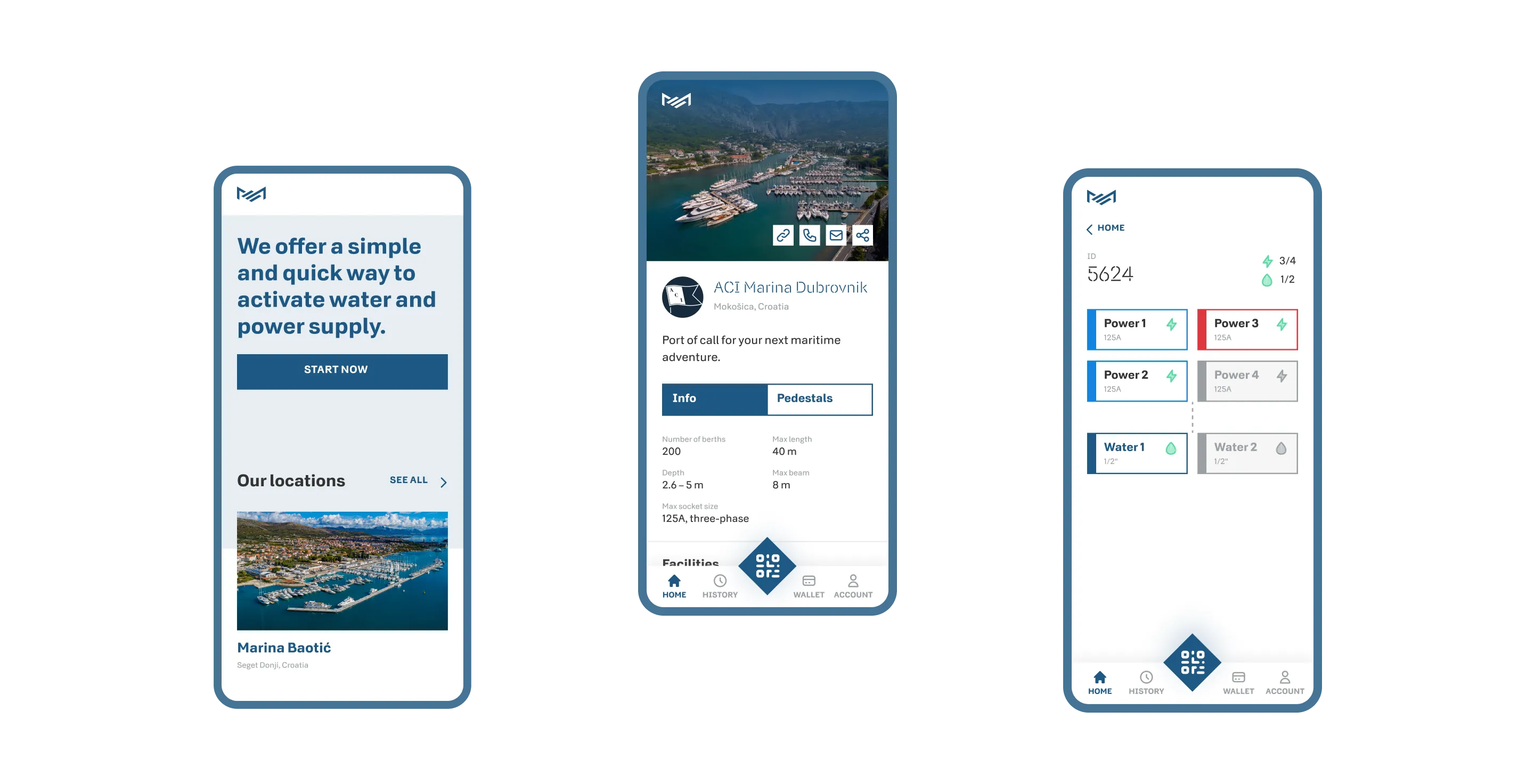 Display of several mobile app screens for marina management, featuring interfaces for activating water and power supplies.