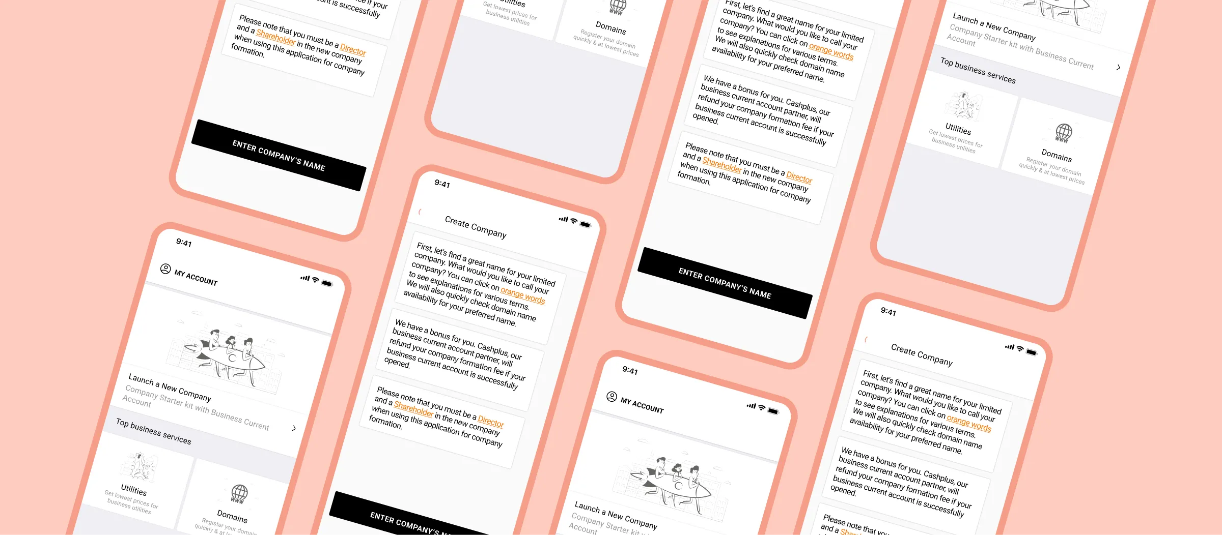 Display of mobile app screens on a orange background showing a company formation process.