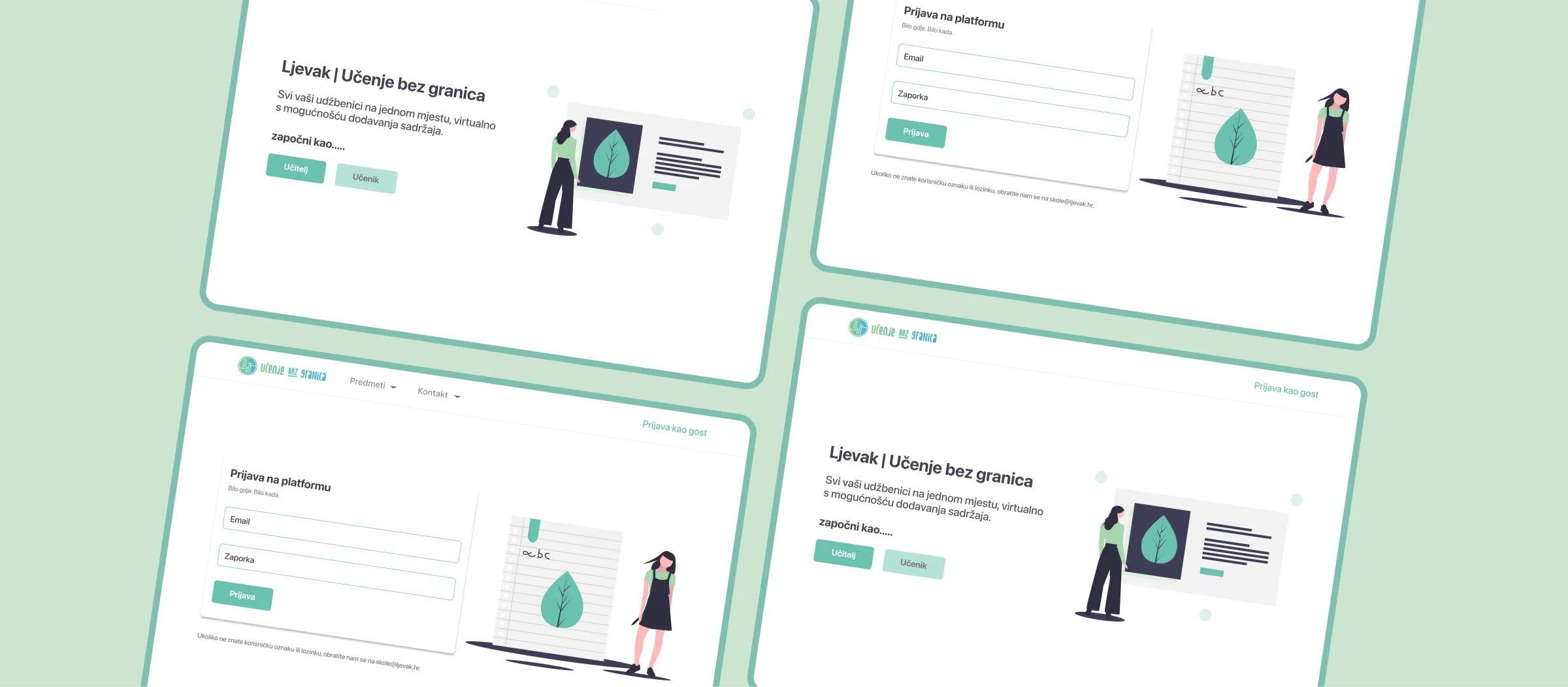Collection of four web screens for the 'Ljevak' education platform, featuring login forms, role selection buttons for teachers and students, and flat character illustrations with green accents.