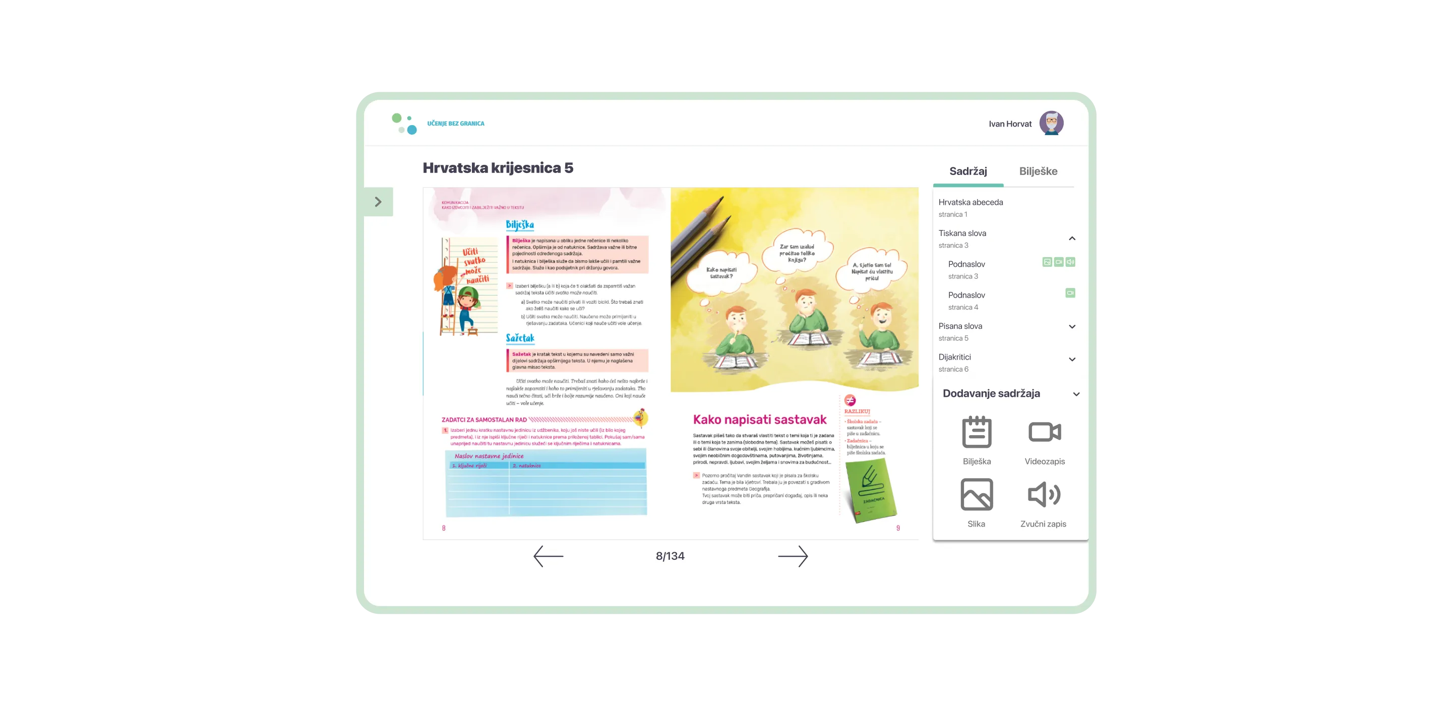 Interface of the digital textbook displaying an interactive page with lesson text, illustrations of a student writing, and a sidebar menu for adding multimedia content like notes and videos.