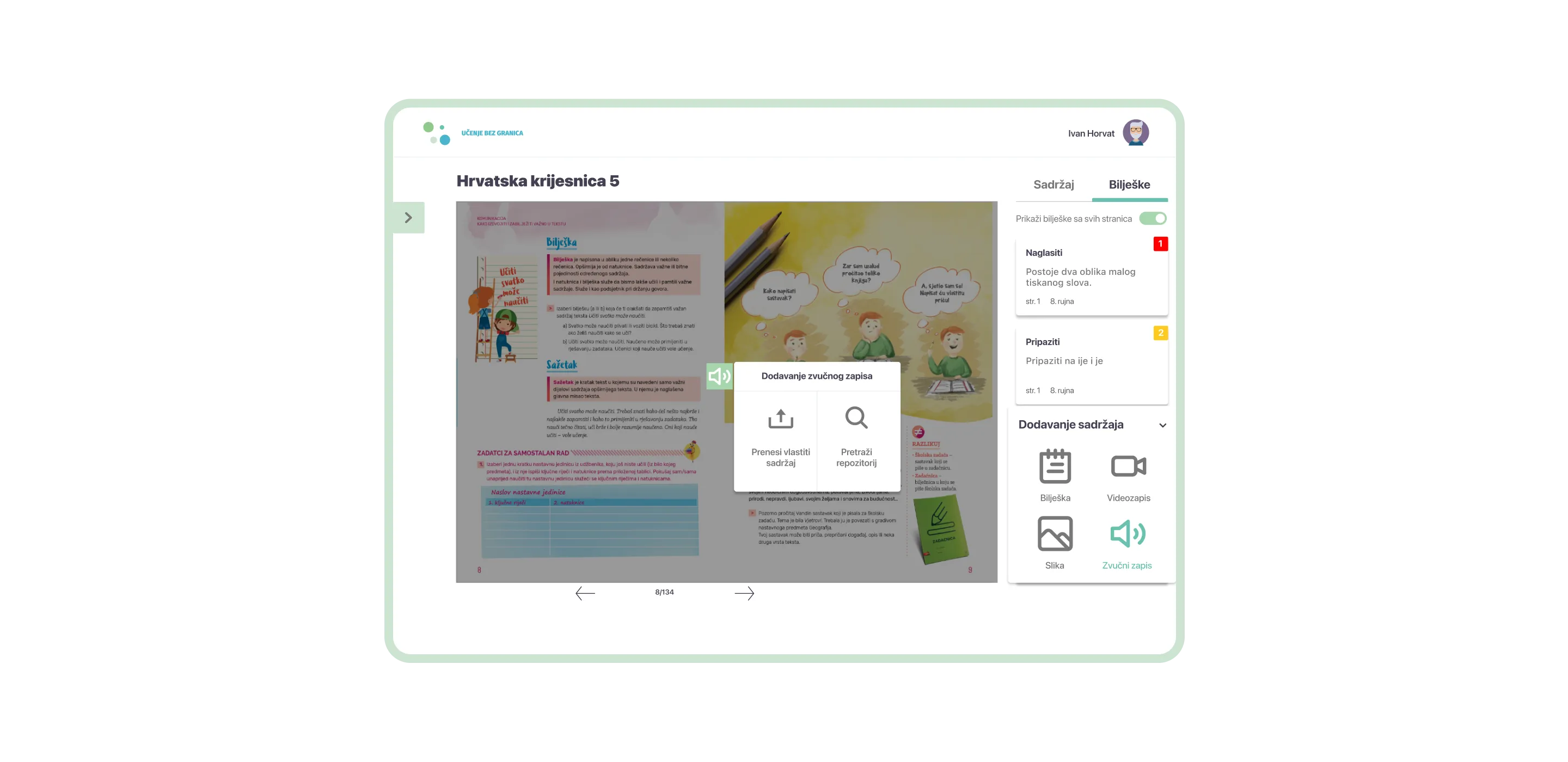 Interface of the digital textbook displaying an interactive page with lesson text, illustrations of a student writing.
