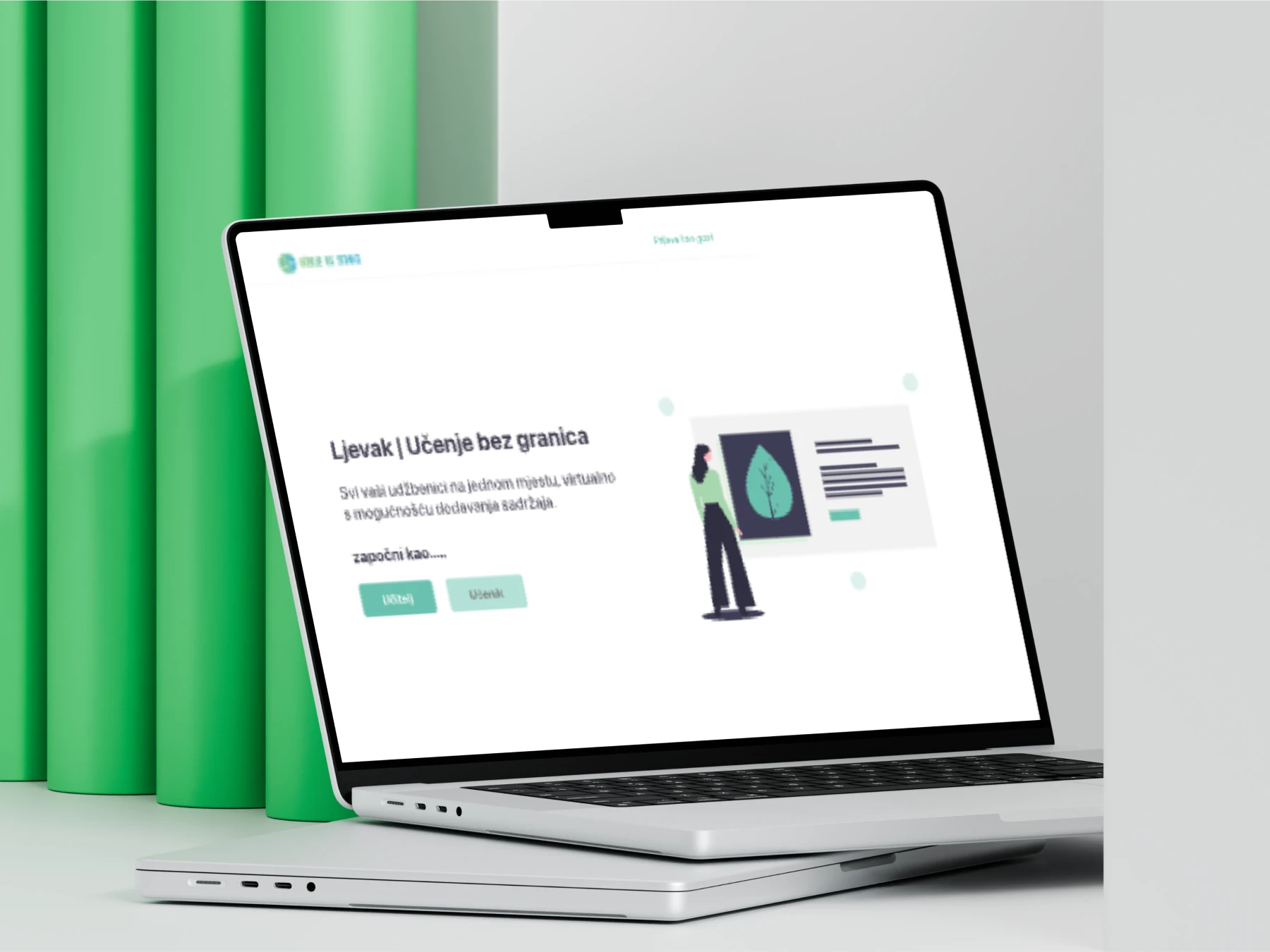 A laptop displaying the homepage of the 'Ljevak' e-learning platform with the slogan 'Učenje bez granica'.