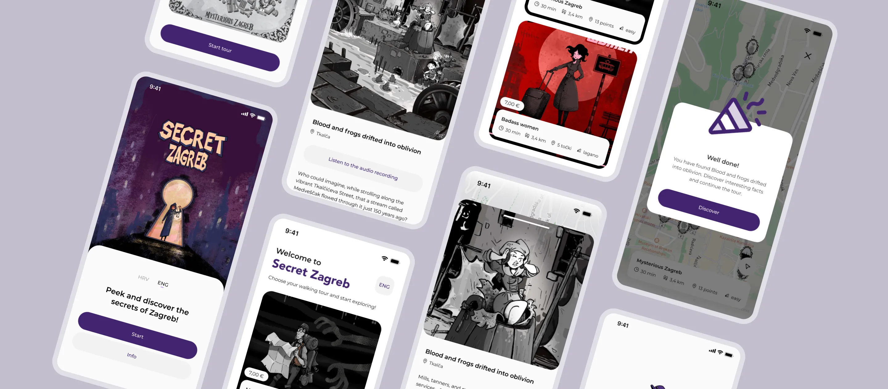 'Secret Zagreb' mobile app screens featuring dark, hand-drawn illustrations for gamified walking tours. Visible screens include a map with a 'Well done!' success popup, story cards for tours.