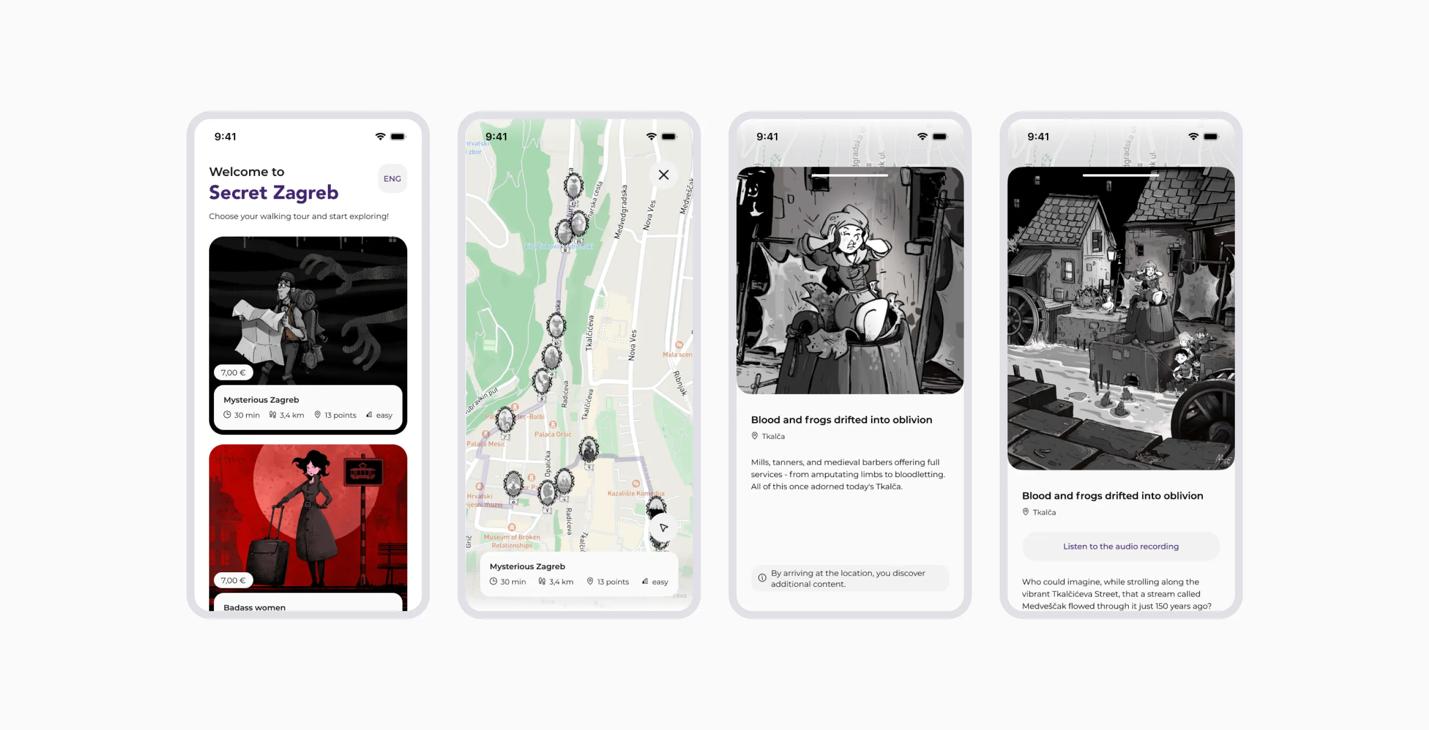 Four mobile app screens for 'Secret Zagreb' arranged in a row, displaying the welcome interface with a ghost illustration, an interactive map with custom location pins, and tour details for the story.