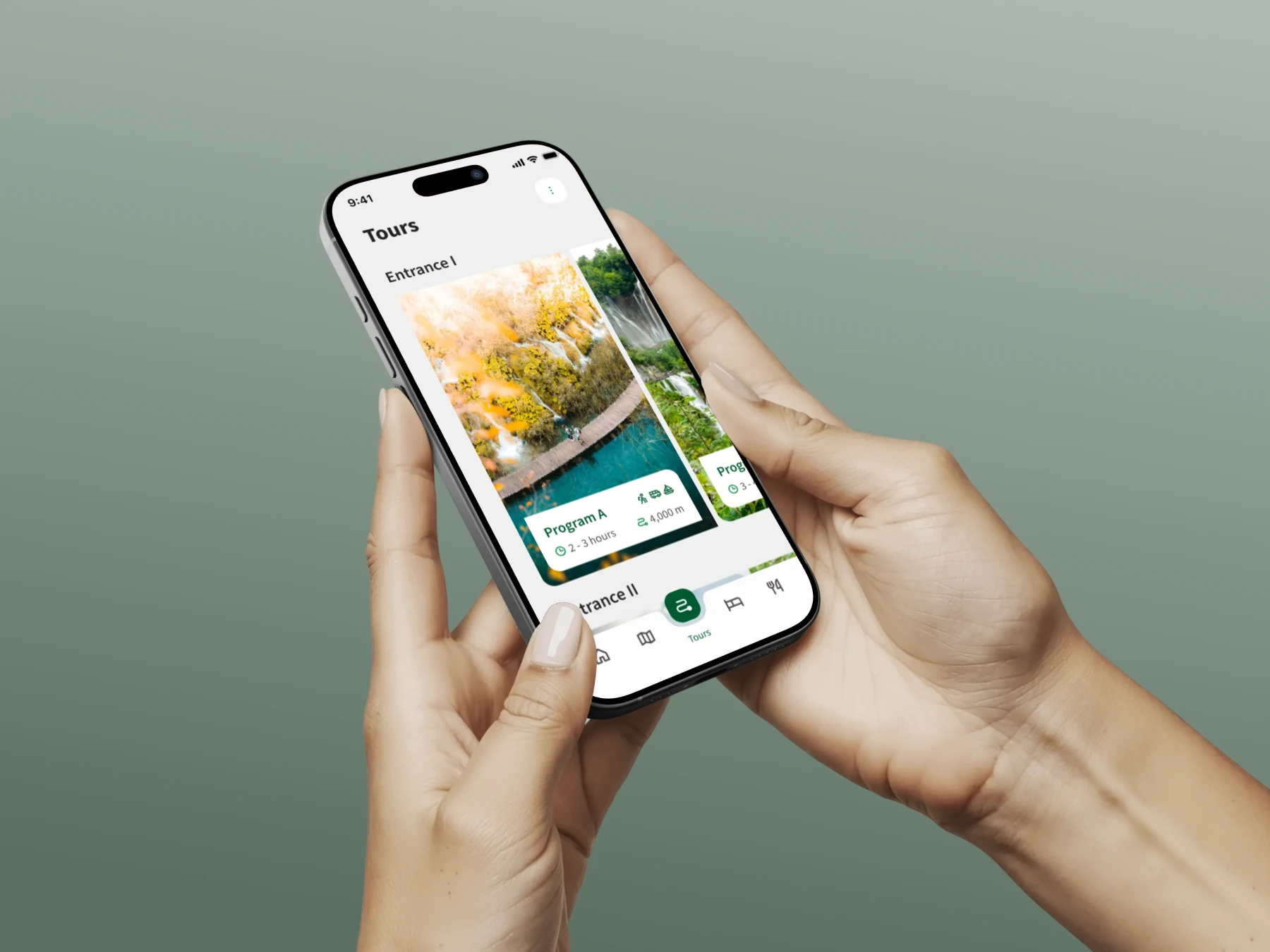 Close-up of hands holding a smartphone displaying the Plitvice Lakes mobile app 'Tours' screen with details.