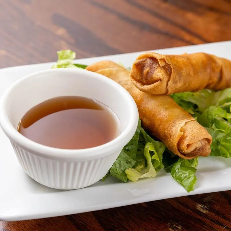 A plate featuring spring rolls alongside a fresh garden salad, showcasing vibrant colors and textures.