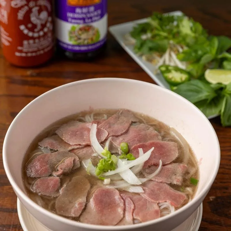 A steaming bowl of soup with chunks of meat and colorful vegetables is placed on a dining table.