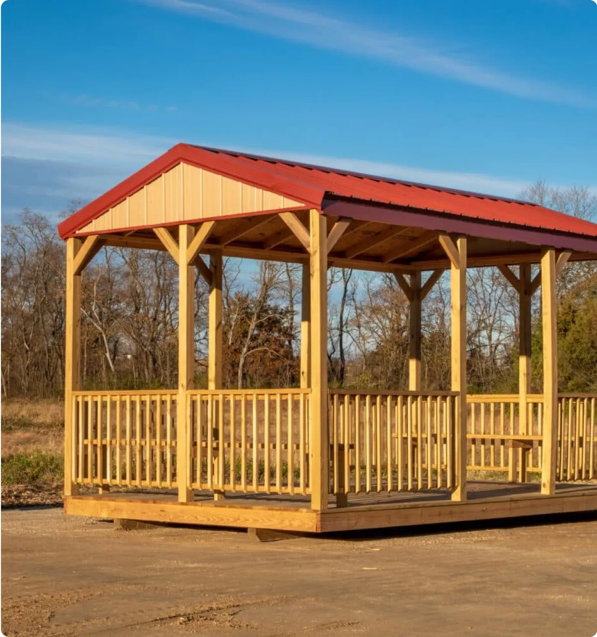 12x24 red wood and metal pavilion by Backyard & Beyond in Missouri