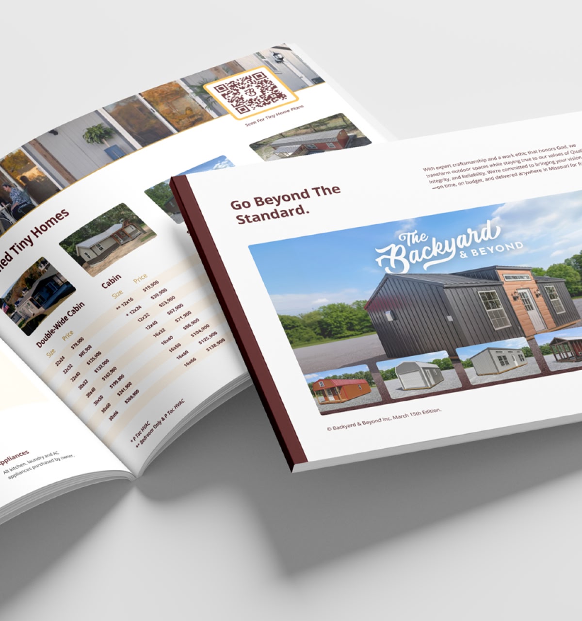 Open brochure displaying Backyard & Beyond tiny home models, prices, and sizes with a main image of a black and wood-paneled tiny house.