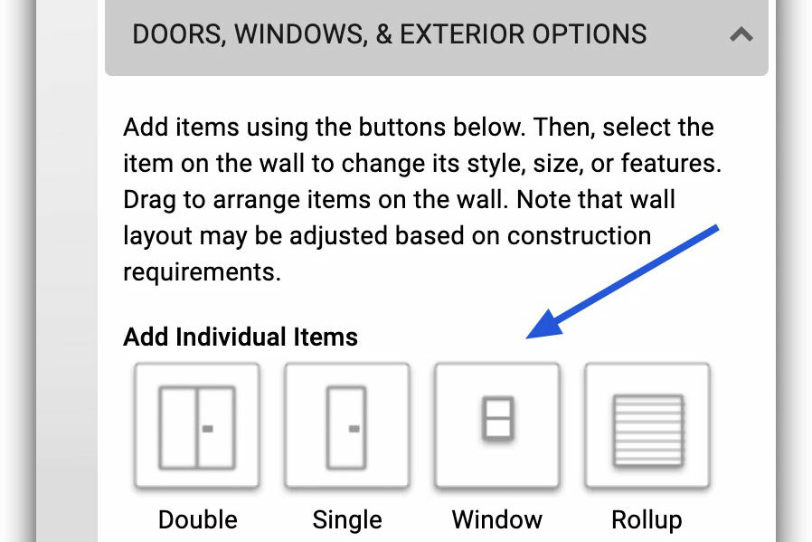 Missouri 3D shed builder feature menu for doors and windows
