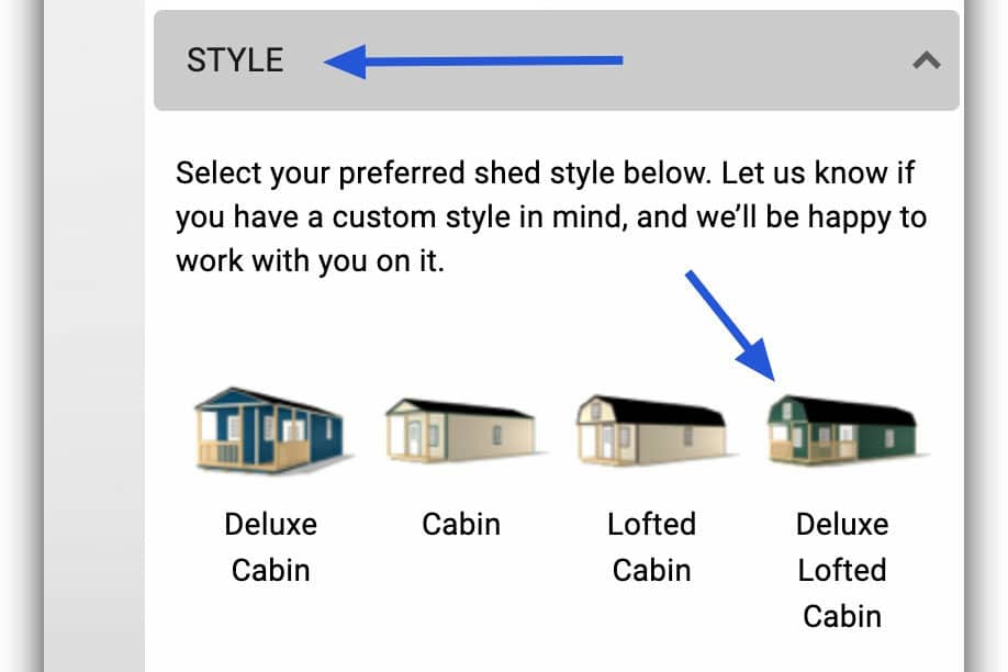 Missouri 3D shed builder start screen for choosing a style