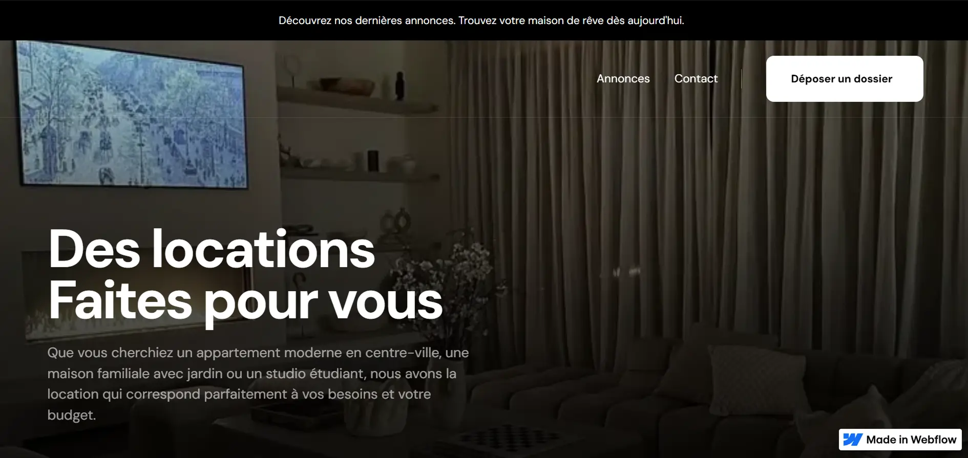 Capture d'écran d'un site internet crée avec webflow pour une agence immobilière