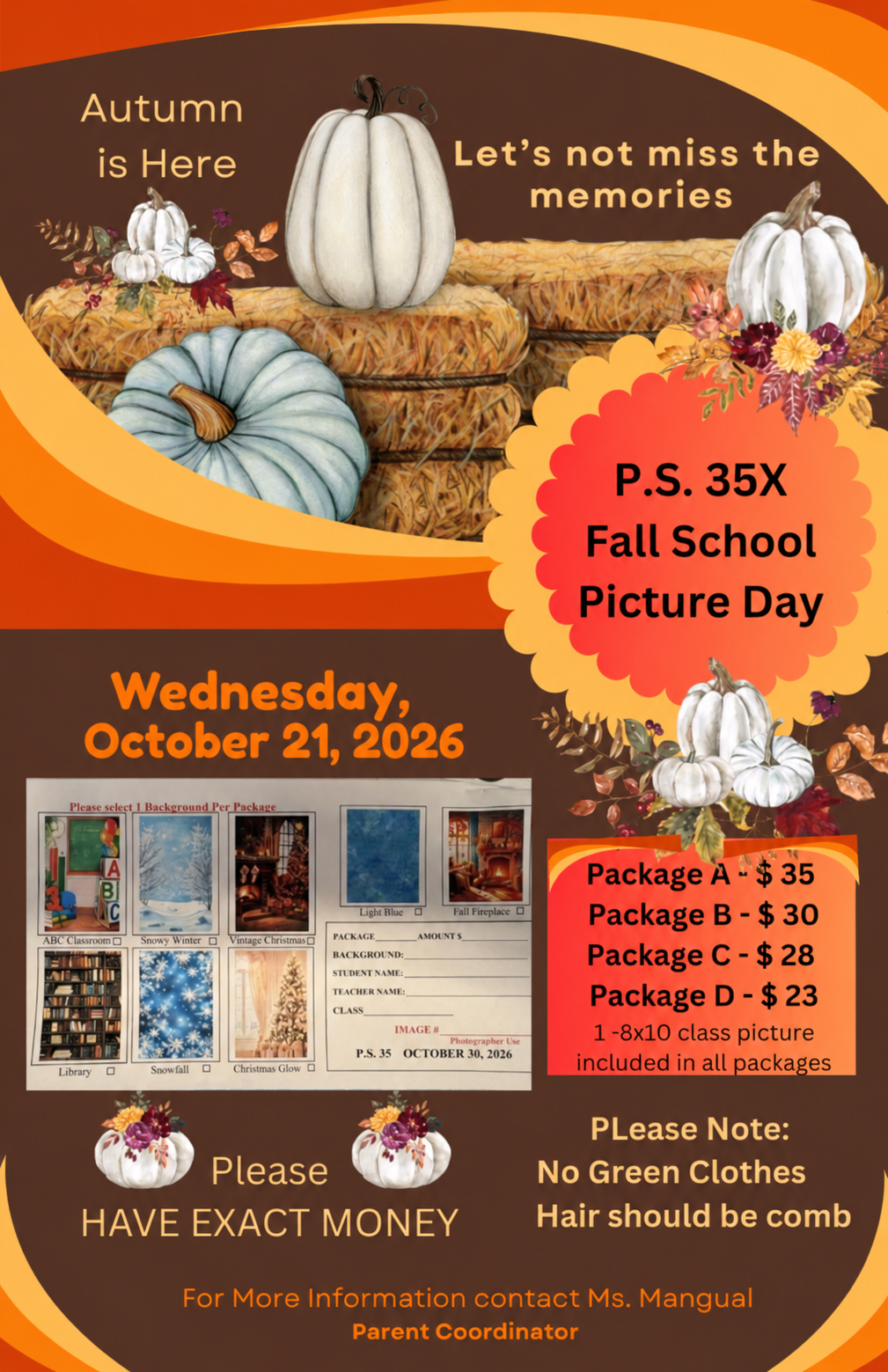 P.S. 35X Fall School Picture Day flyer