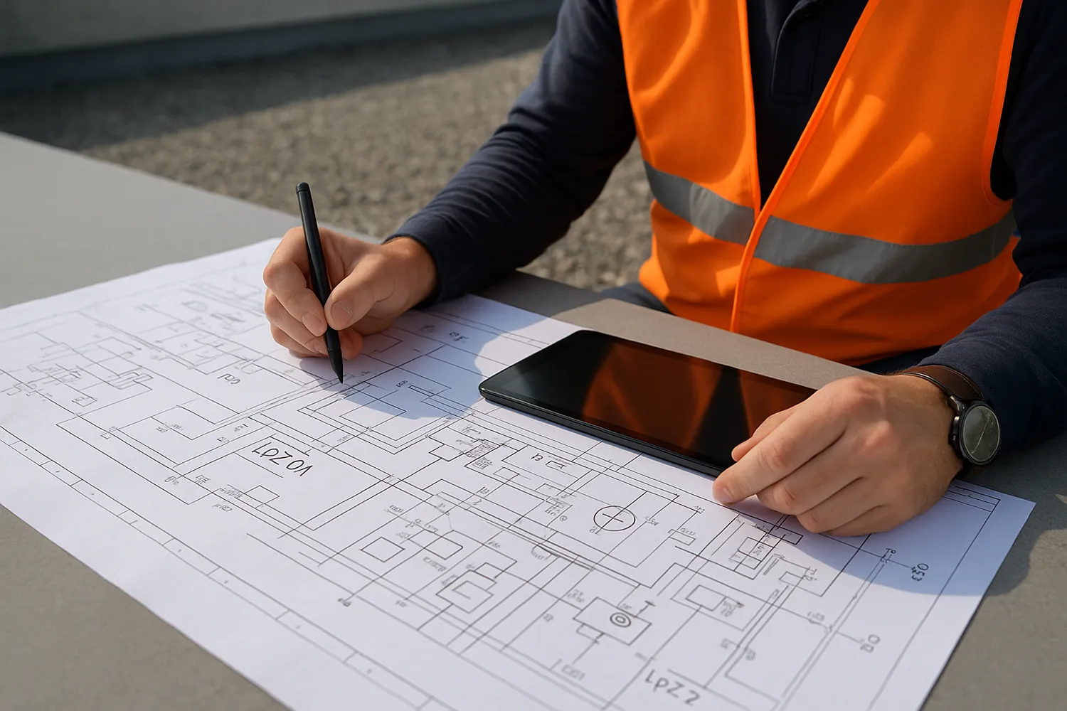 Technisch medewerker maakt aantekeningen op een bouwplan tijdens een risicoanalyse voor bliksembeveiliging