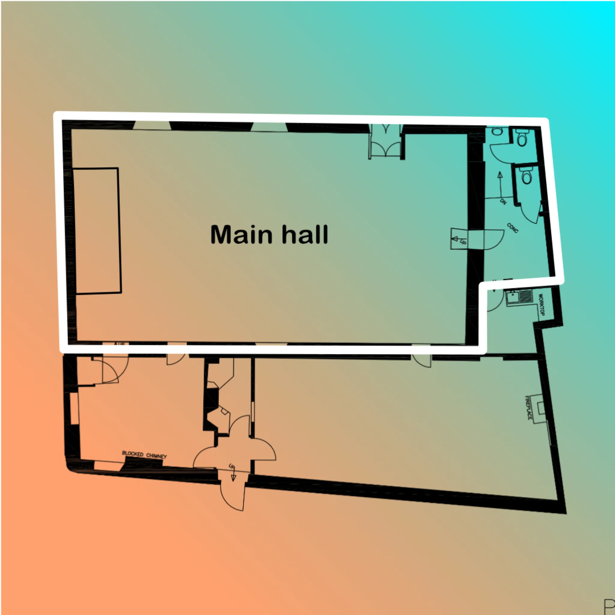 A floor plan highlighting the space available to rent of the church hall