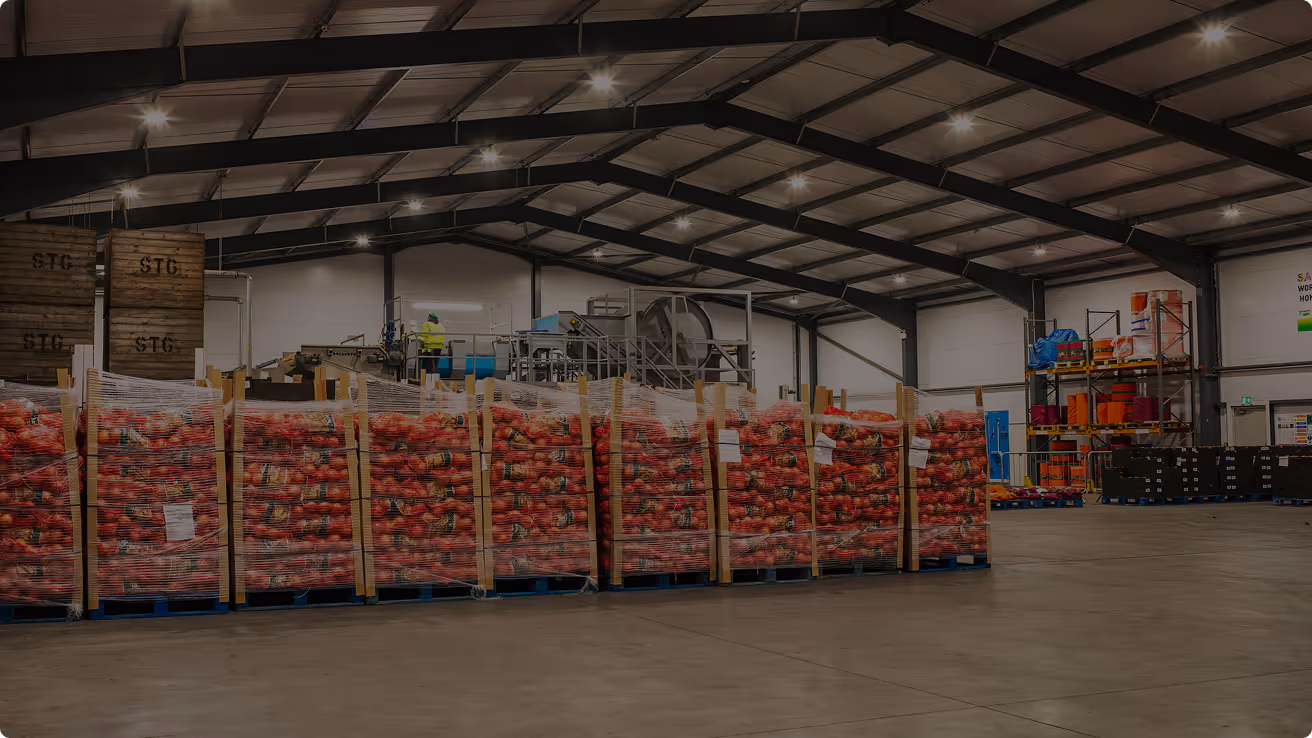 Warehouse interior with pallets of red bagged produce stacked and wrapped in plastic, industrial shelving, and machinery in the background.