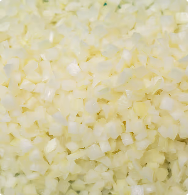 Close-up of finely diced white onions.