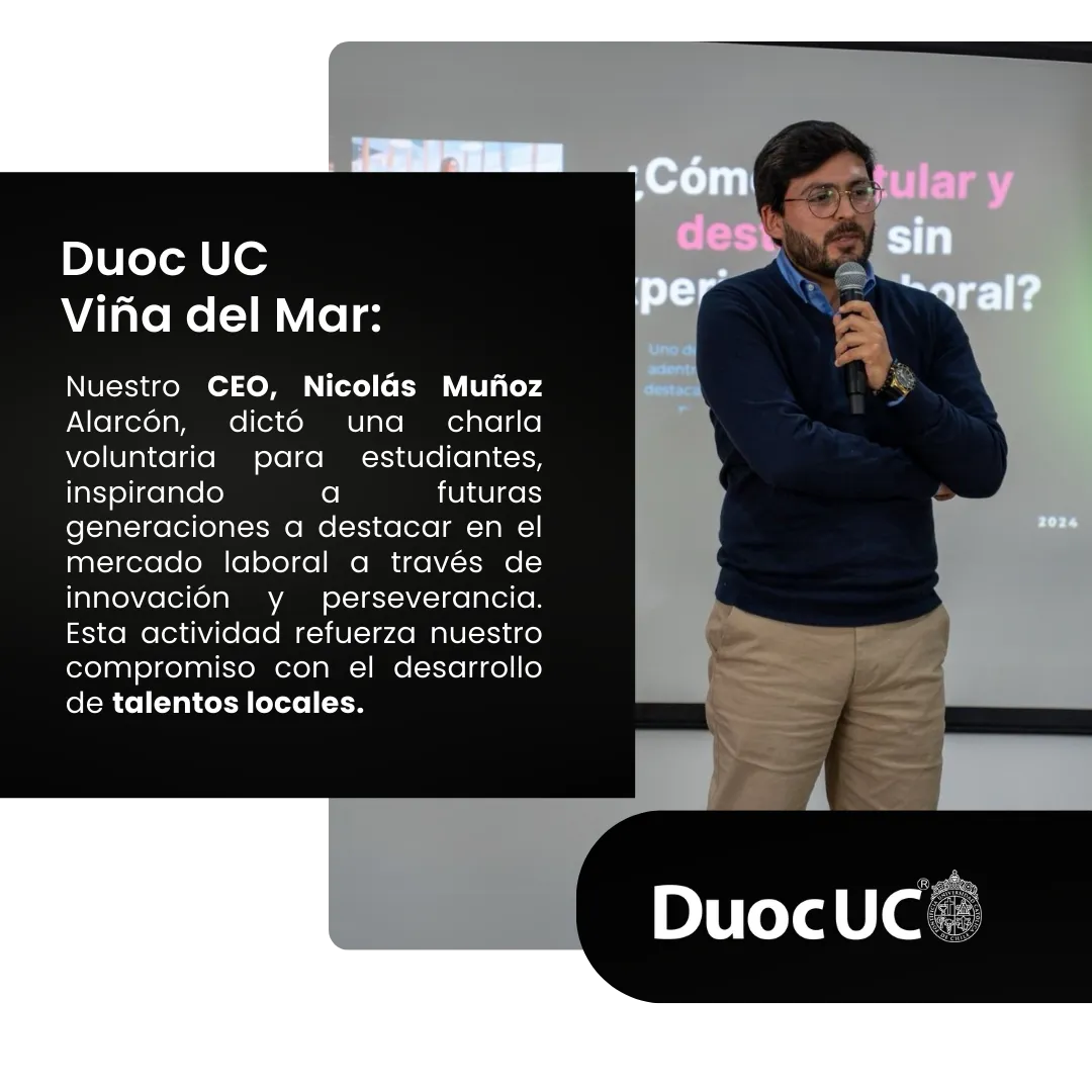 Nicolás Muñoz dando conferencia en Duoc UC