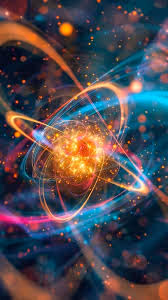 Glowing quantum core with swirling atomic orbits, symbolizing energy alignment and the unique connection between consciousness and healing in QHHT®.