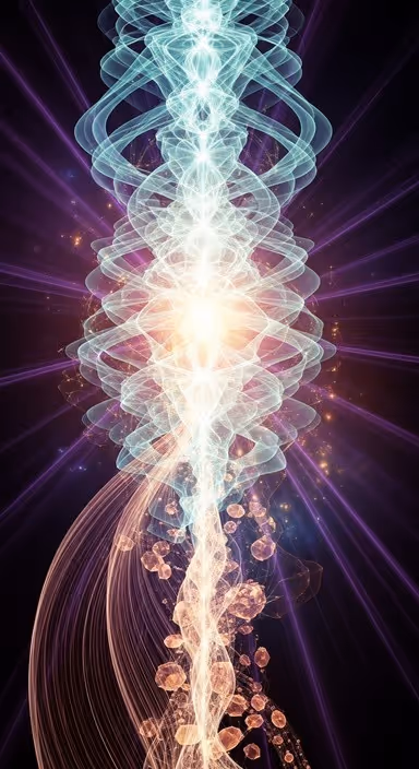 Interwoven waves of light converging into a radiant core, symbolizing the deep energetic alignment and guided process inside a QHHT® hypnosis session.