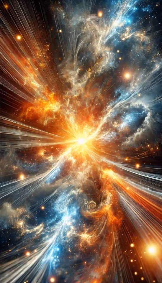 Cosmic burst of golden and blue light symbolizing transformation, energy balance, and the healing power of QHHT® connecting mind and body.