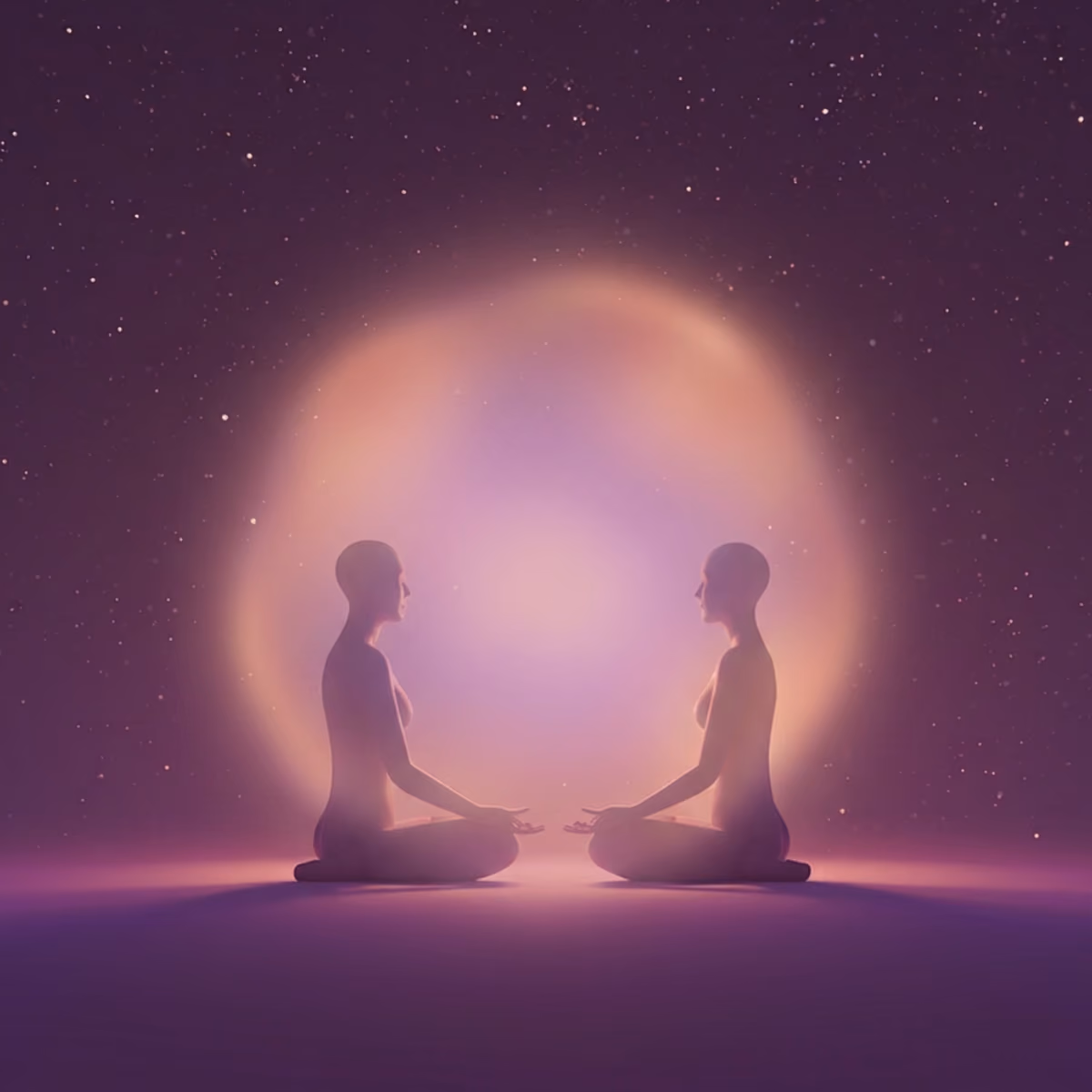 Two seated figures share a soft lavender and rose-gold halo beneath a starry sky, symbolizing compassionate presence, attentive listening, and emotional safety.
