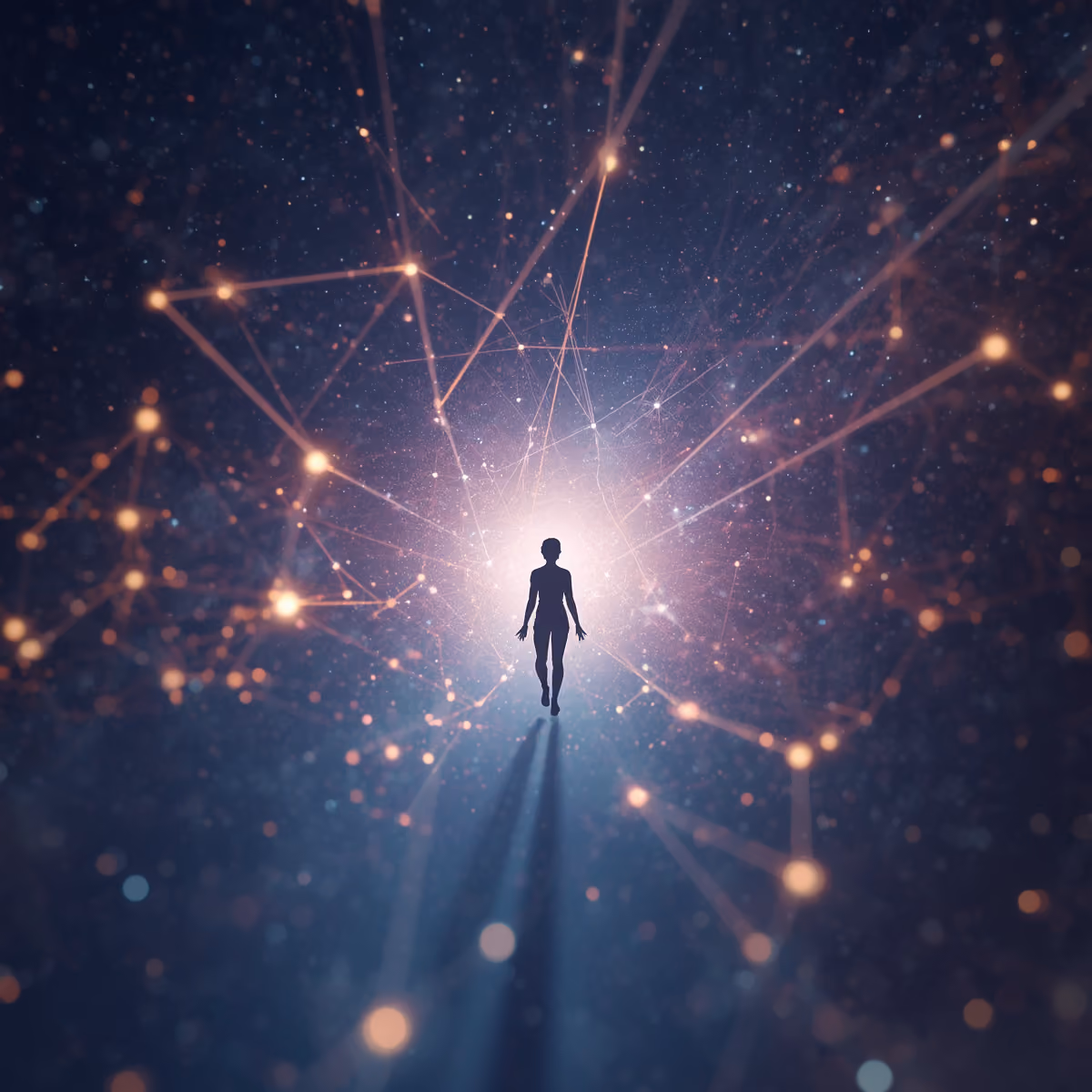 Cosmic burst of golden and blue light symbolizing transformation, energy balance, and the healing power of QHHT® connecting mind and body.