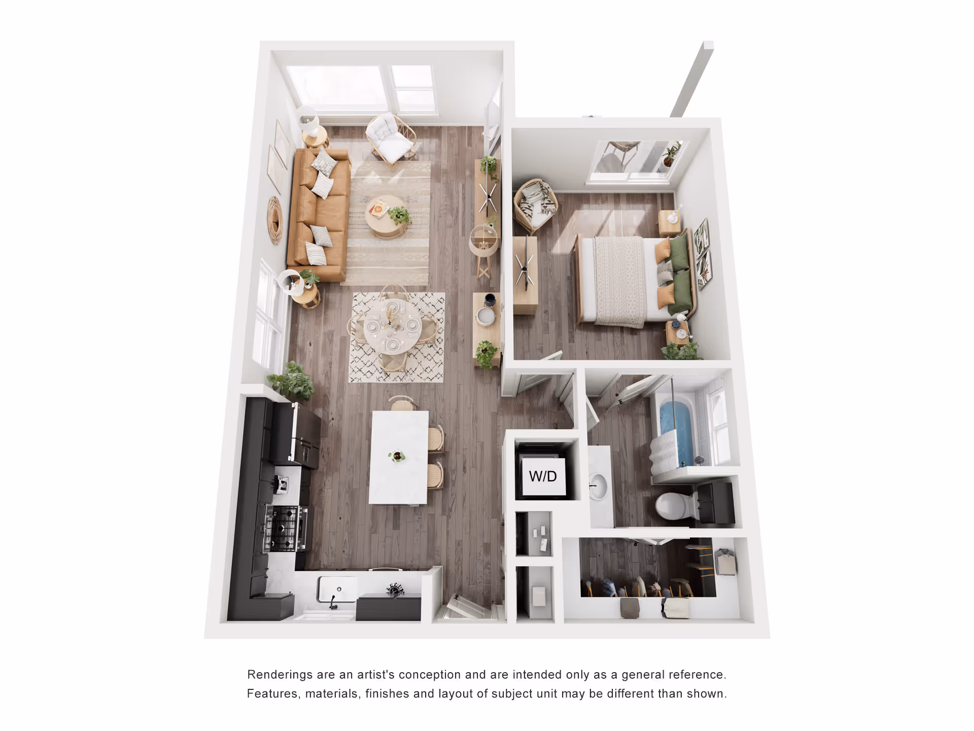 Floor plan rendering of the single-story Harper model at Ellery Lane, showing a 1-bedroom, 1-bathroom layout with a large living area and in-unit laundry.