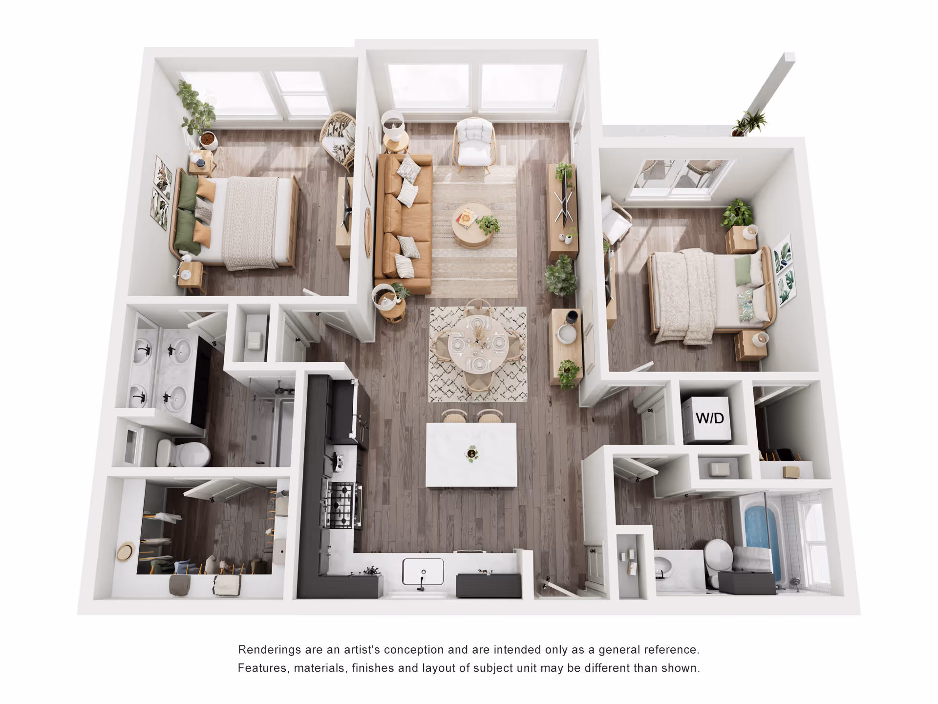 Floor plan rendering of the single-story Hudson model at Ellery Lane, showing a 2-bedroom, 2-bathroom layout with a large open-concept living space.