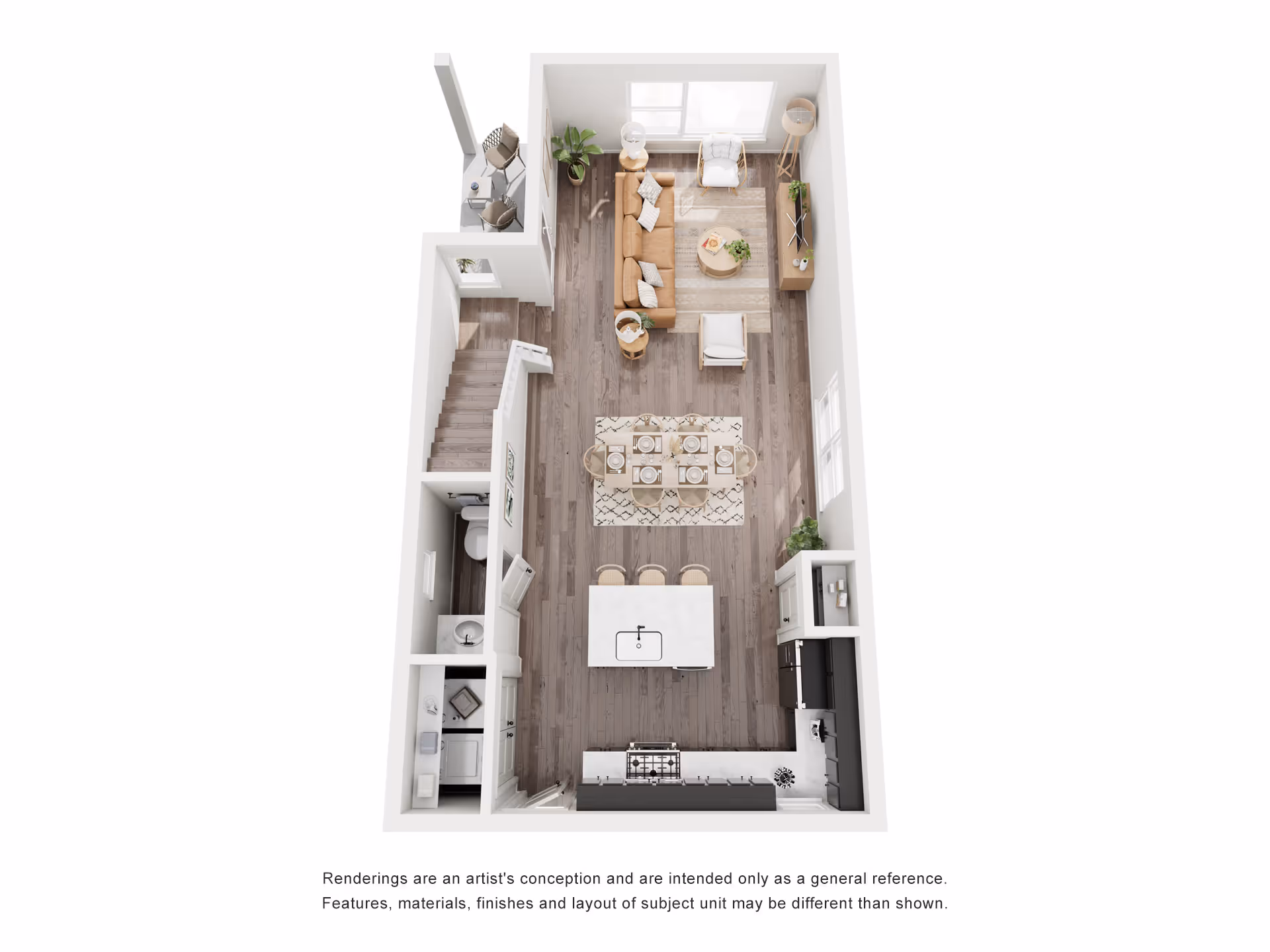 Floor plan rendering of the first floor of the multi-level Emerson home, detailing the kitchen, dining, living room, and stairs at Ellery Lane in Humble, TX.