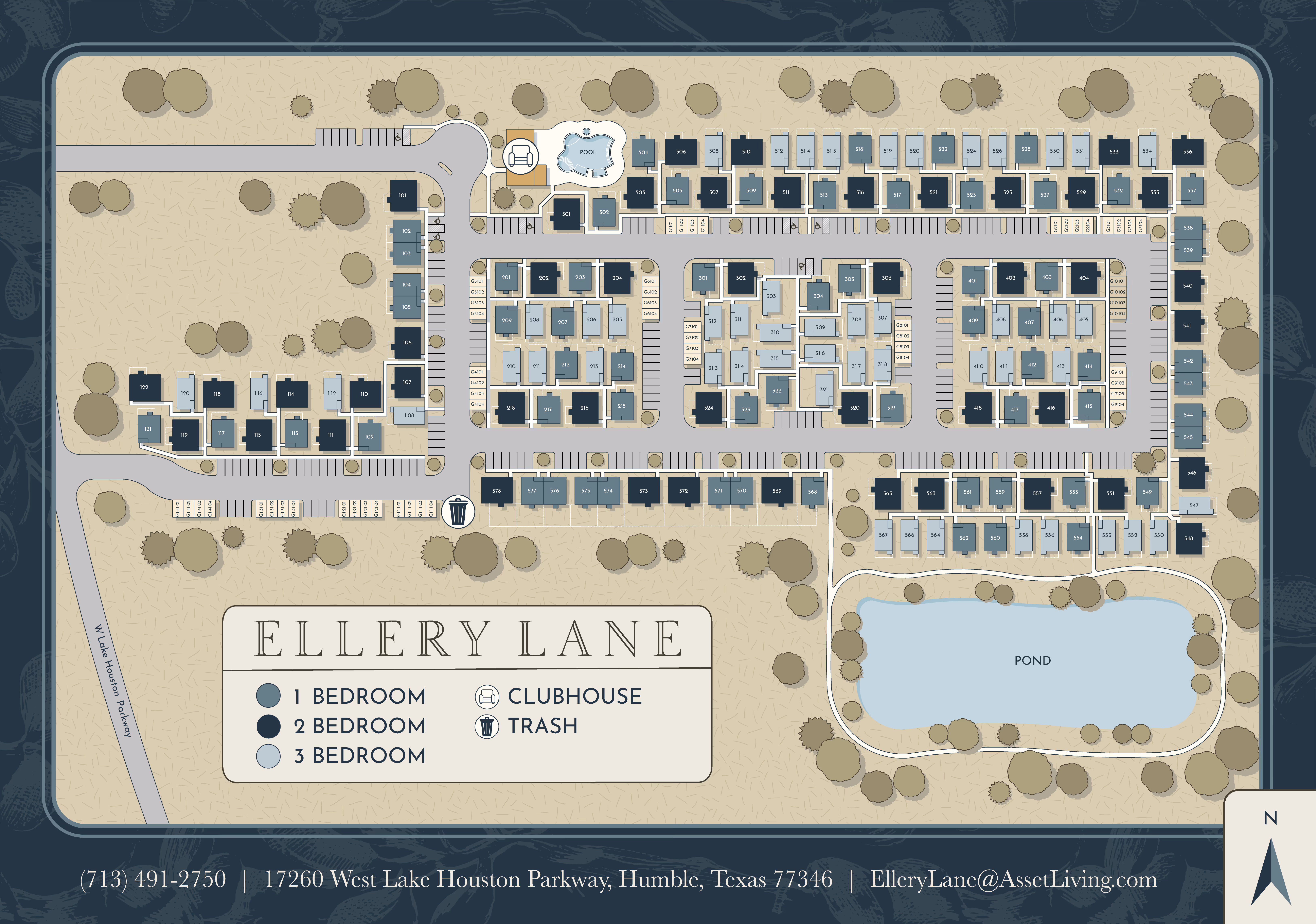 Community map and site plan for Ellery Lane in Humble, TX, showing the rental homes, clubhouse, pool, trash area, and community pond.