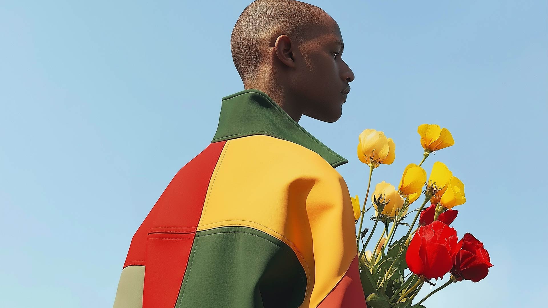 Bald man with colorful coat with flower in his hands.