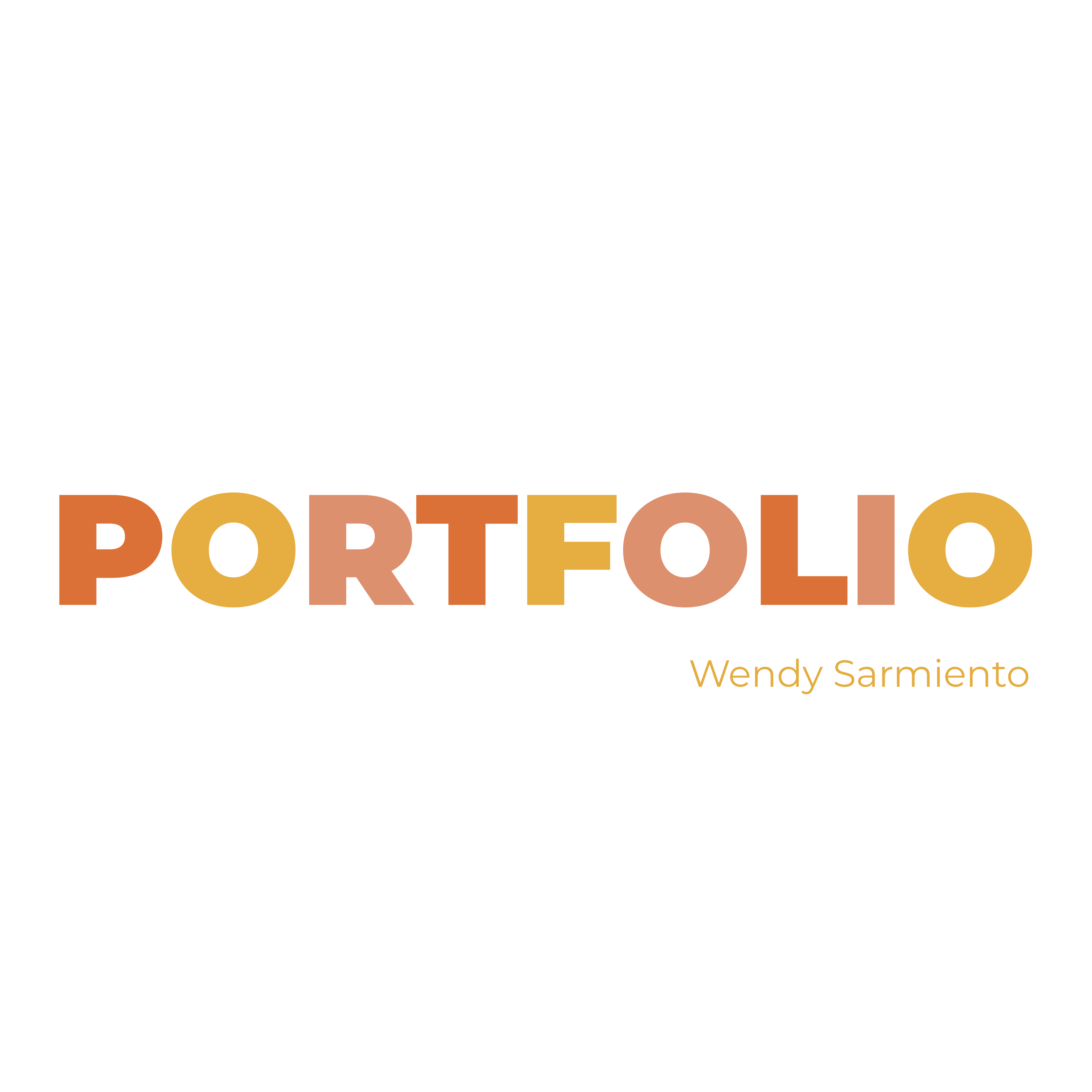 The word PORTFOLIO in bold multicolored letters with the name Wendy Sarmiento below on a black background.