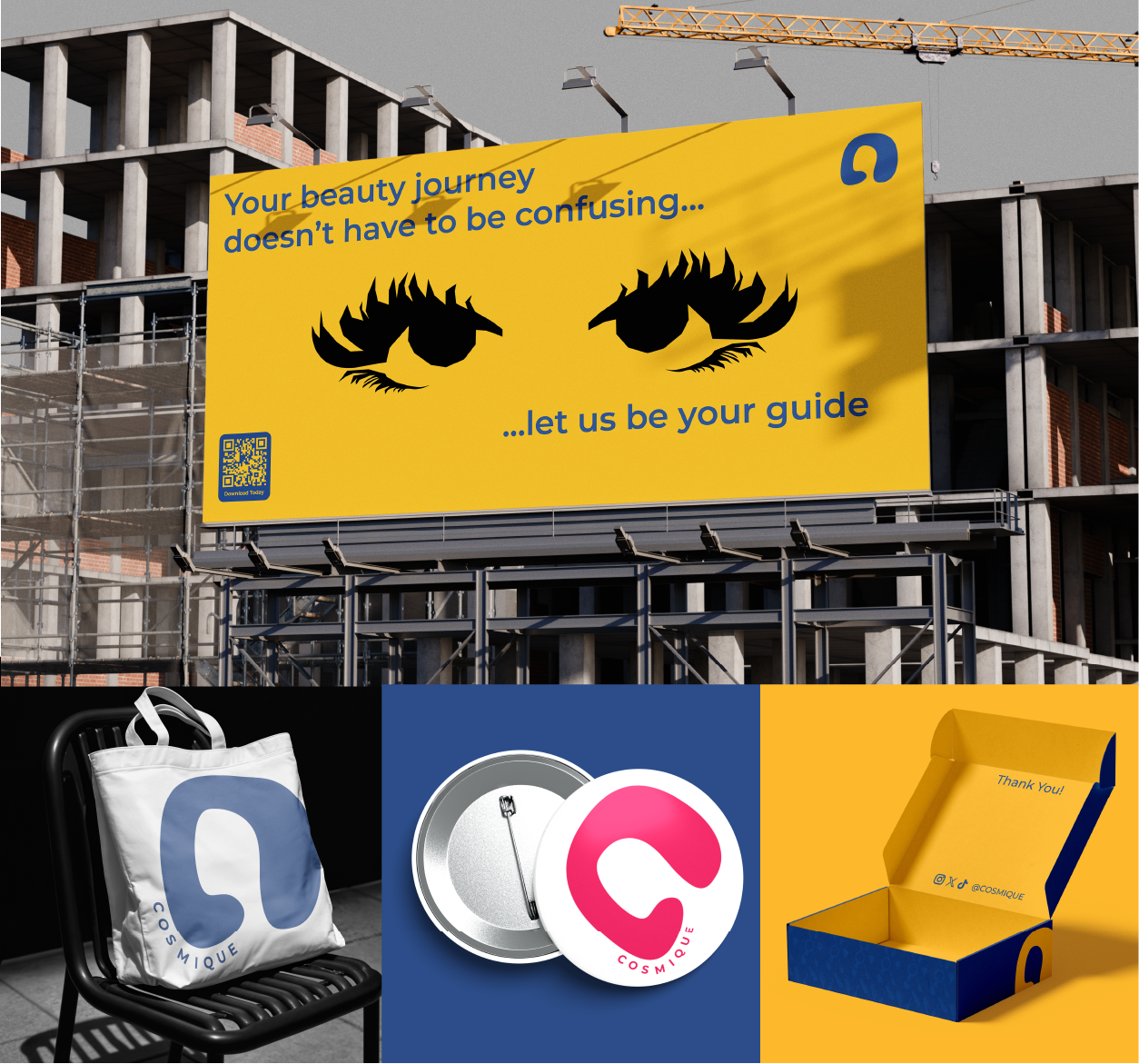 Outdoor billboard on construction site with yellow background, stylized eyes, and text saying 'Your beauty journey doesn’t have to be confusing... let us be your guide'; below, a white tote bag with blue logo on a chair, two round pins with pink and white logos, and an open blue and yellow box with 'Thank You!' inside.