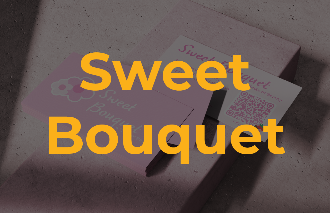 Stack of pink Sweet Bouquet business cards with floral design and a QR code on a textured surface.