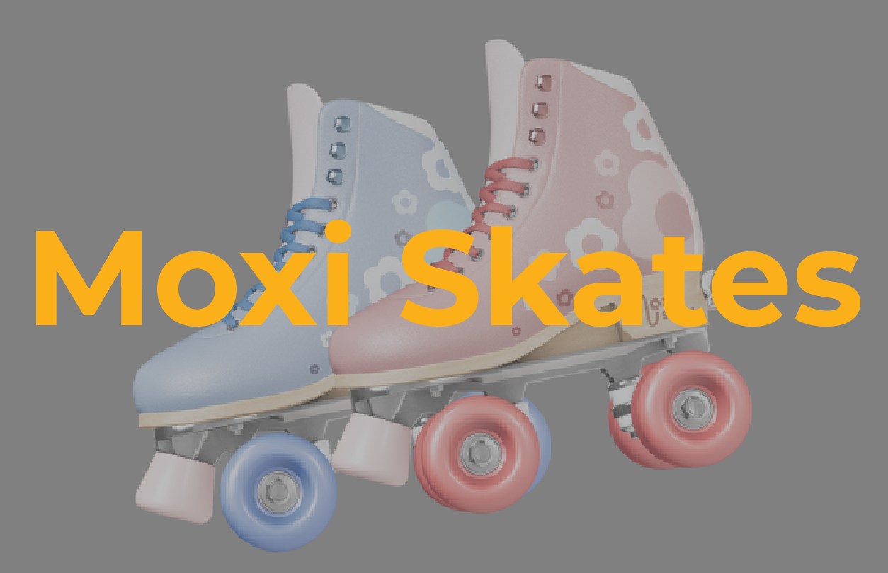 Pair of Moxi brand roller skates with one blue and one pink boot featuring floral patterns and matching colored wheels.