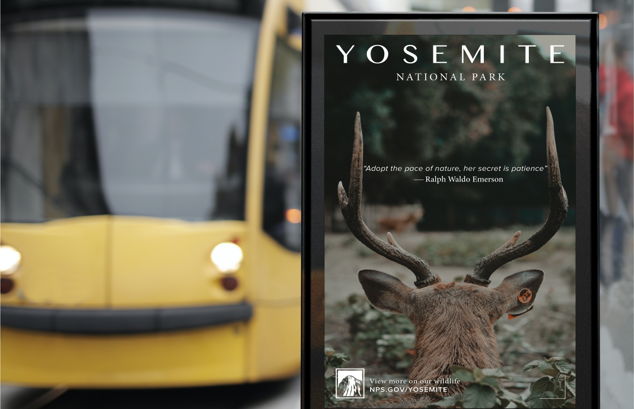 Poster showing the back of a deer with antlers in Yosemite National Park and a quote by Ralph Waldo Emerson.