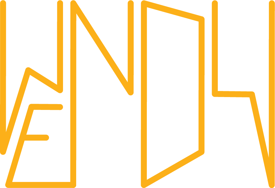 Stylized orange line art spelling the word 'WENDY' with the 'D' shaped like an open door.