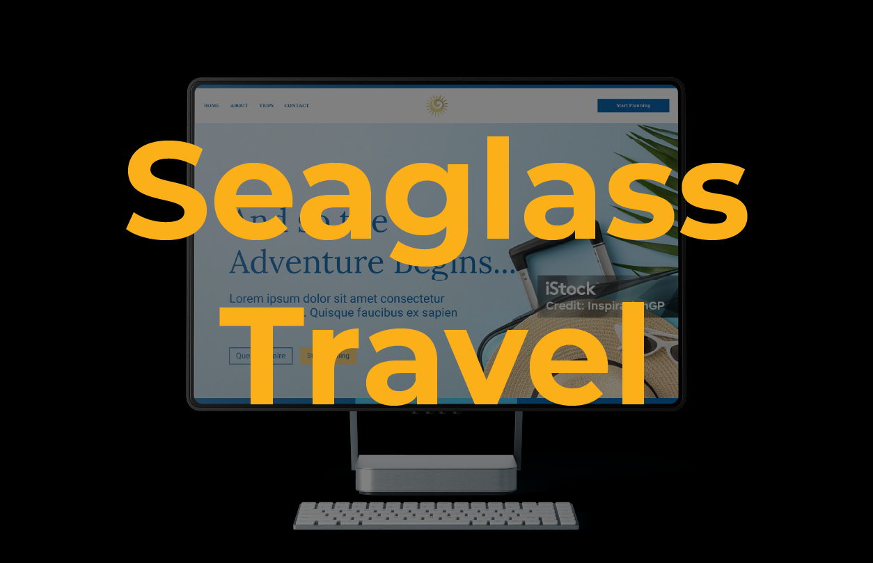 Desktop computer displaying a travel website homepage with text 'Seaglass Travel' overlaid in large orange letters.