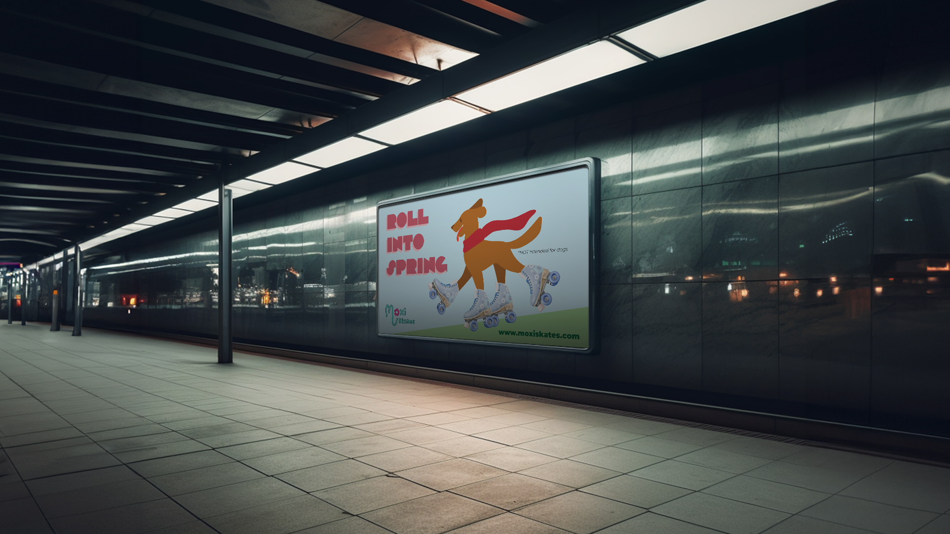 Subway station wall with illuminated advertisement featuring a dog wearing roller skates and a red scarf with text 'Roll Into Spring' and website 'www.moxiskates.com'.