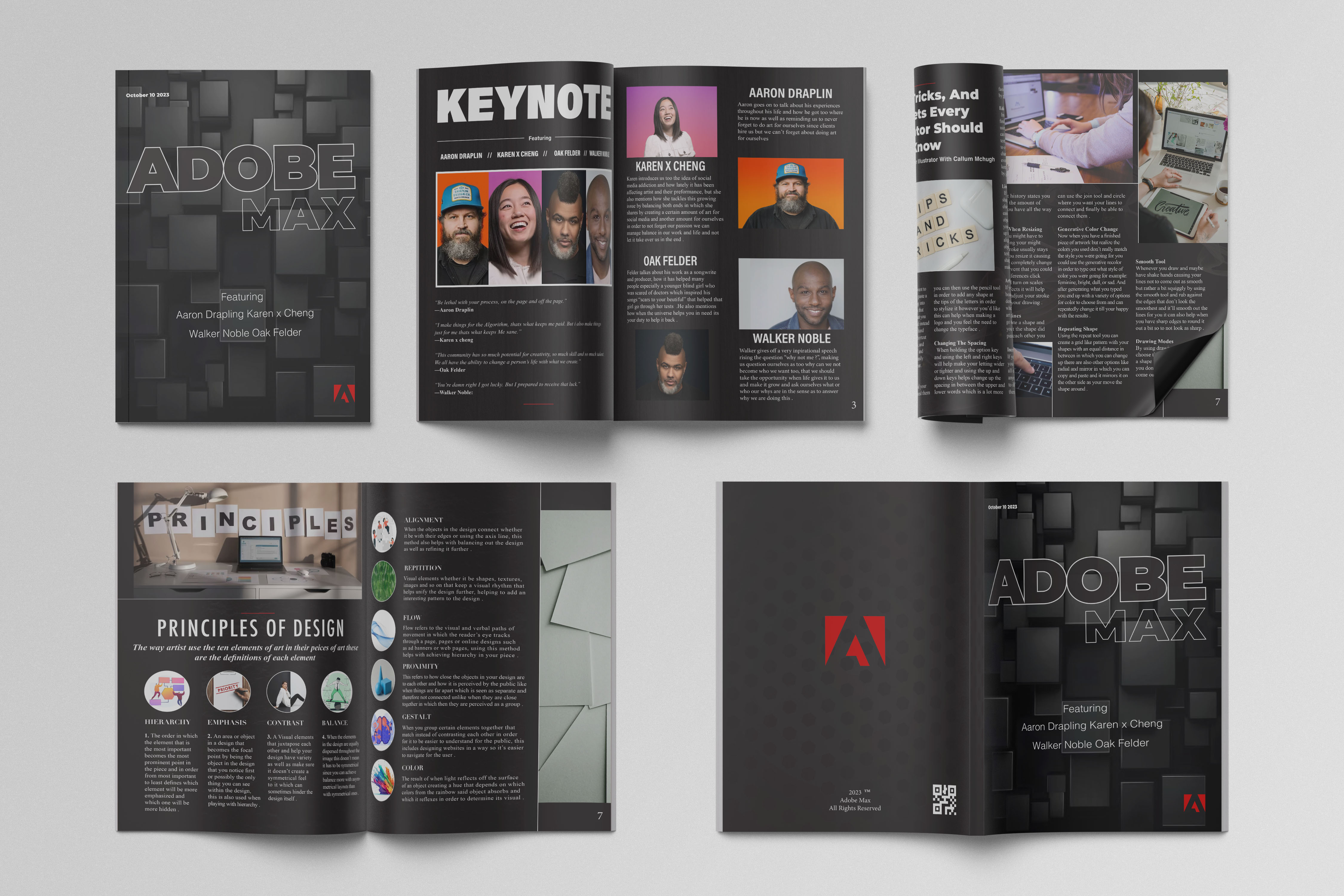 Open design booklet titled Adobe Max featuring keynote speakers Aaron Draplin, Karen X Cheng, Walker Noble, and Oak Felder, with sections on design principles and typography tips.