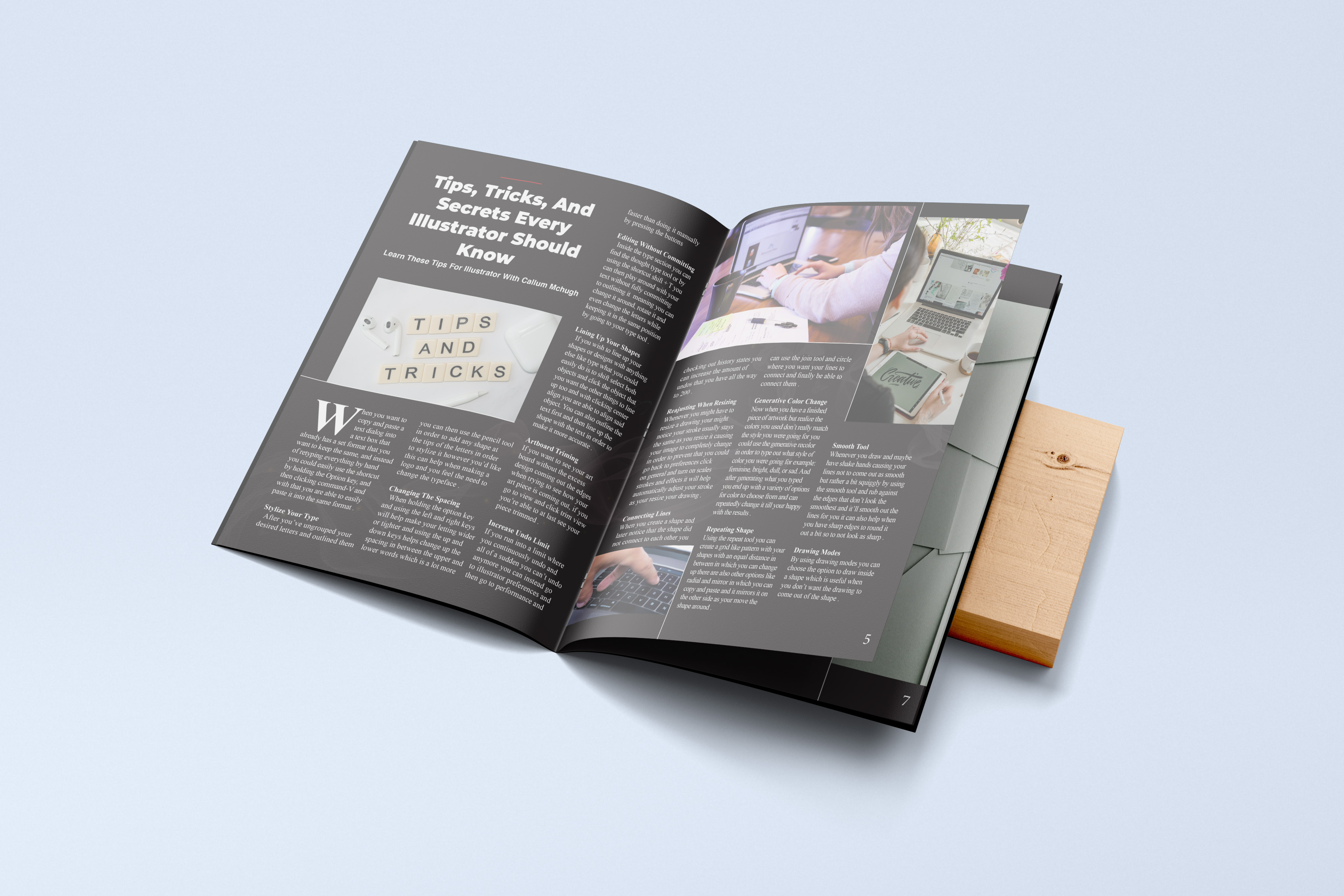 Open magazine spread featuring an article titled 'Tips, Tricks, And Secrets Every Illustrator Should Know' with images of people working on computers.