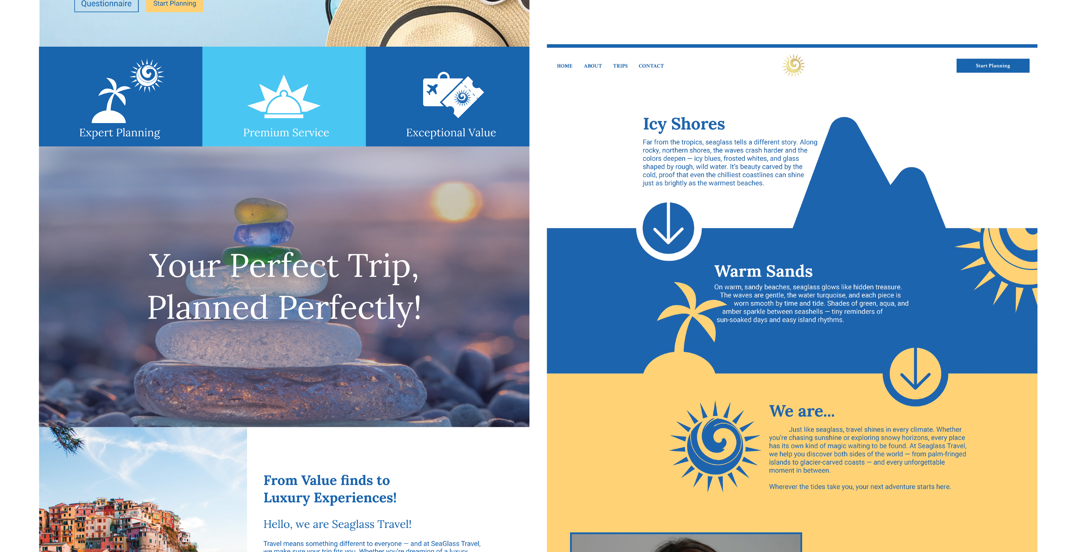 Travel website homepage with sections on expert planning, premium service, exceptional value, and descriptions of icy shores and warm sands with scenic images.